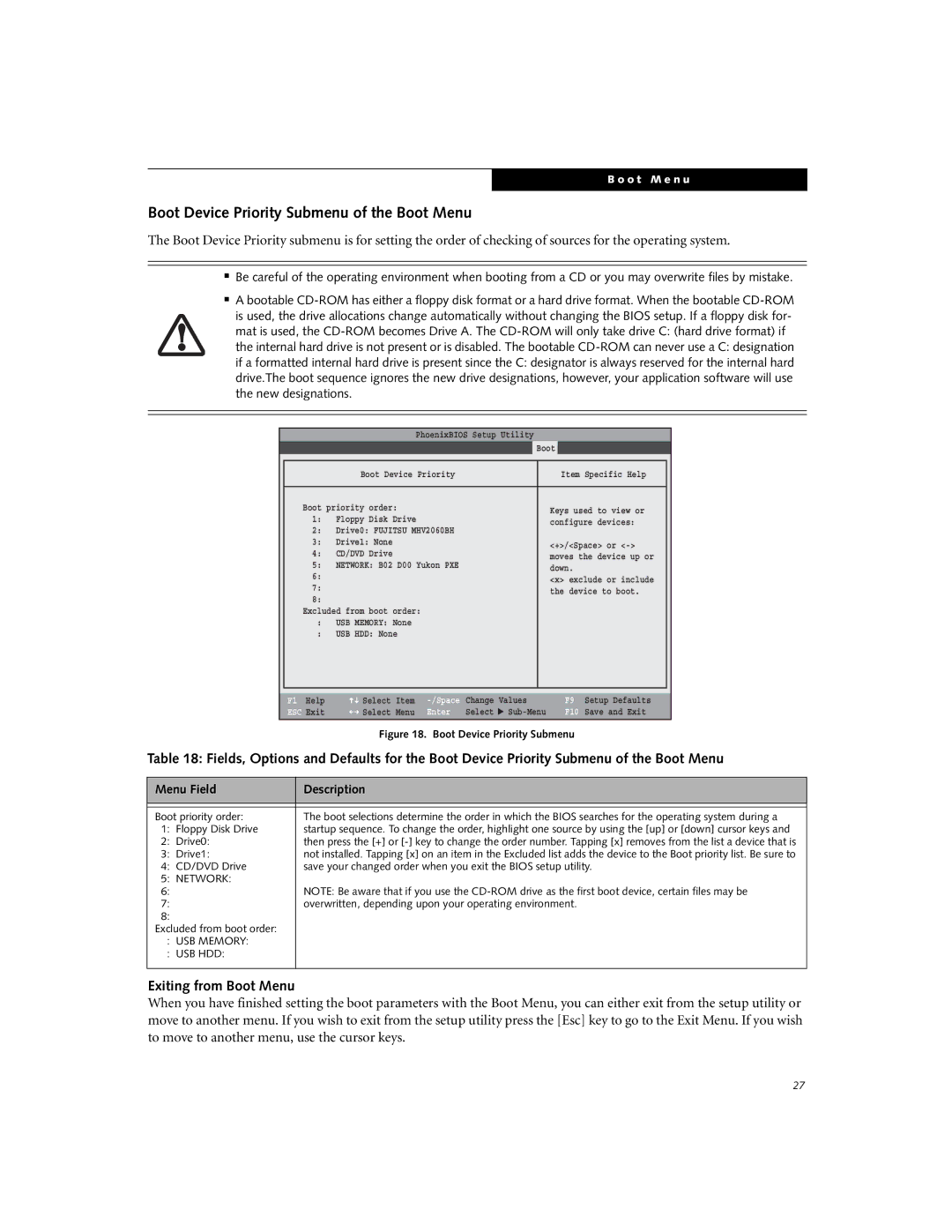 Fujitsu Siemens Computers E8210 manual Boot Device Priority Submenu of the Boot Menu, Exiting from Boot Menu, Drive0 