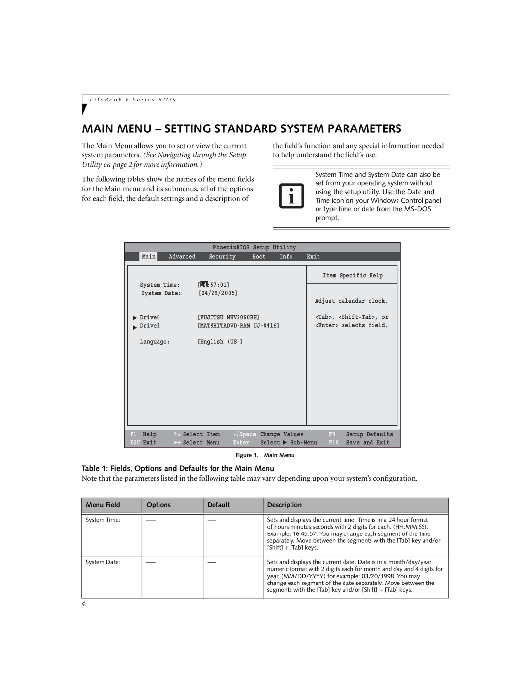 Fujitsu Siemens Computers E8210 manual Main Menu Setting Standard System Parameters 