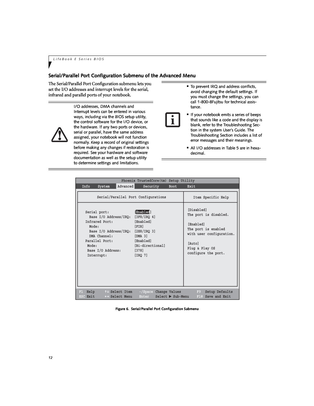 Fujitsu Siemens Computers E8310 Serial/Parallel Port Configuration Submenu of the Advanced Menu, System, Enabled, Info 