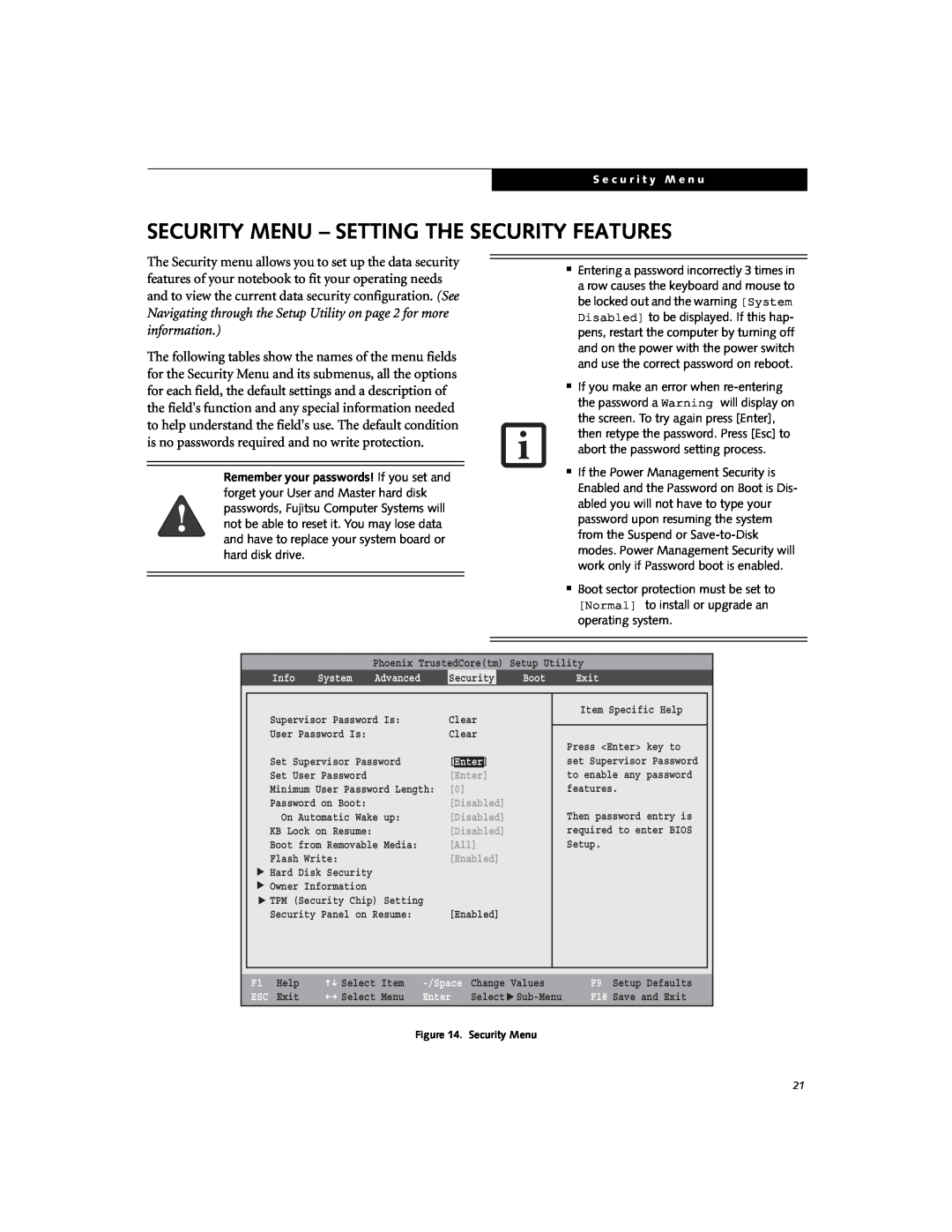 Fujitsu Siemens Computers E8310 manual Security Menu - Setting The Security Features, Disabled 