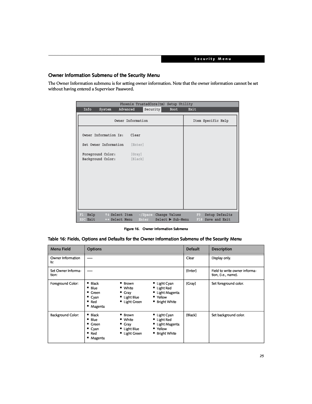 Fujitsu Siemens Computers E8310 Owner Information Submenu of the Security Menu, System, Advanced, Boot, ESC Exit, Gray 