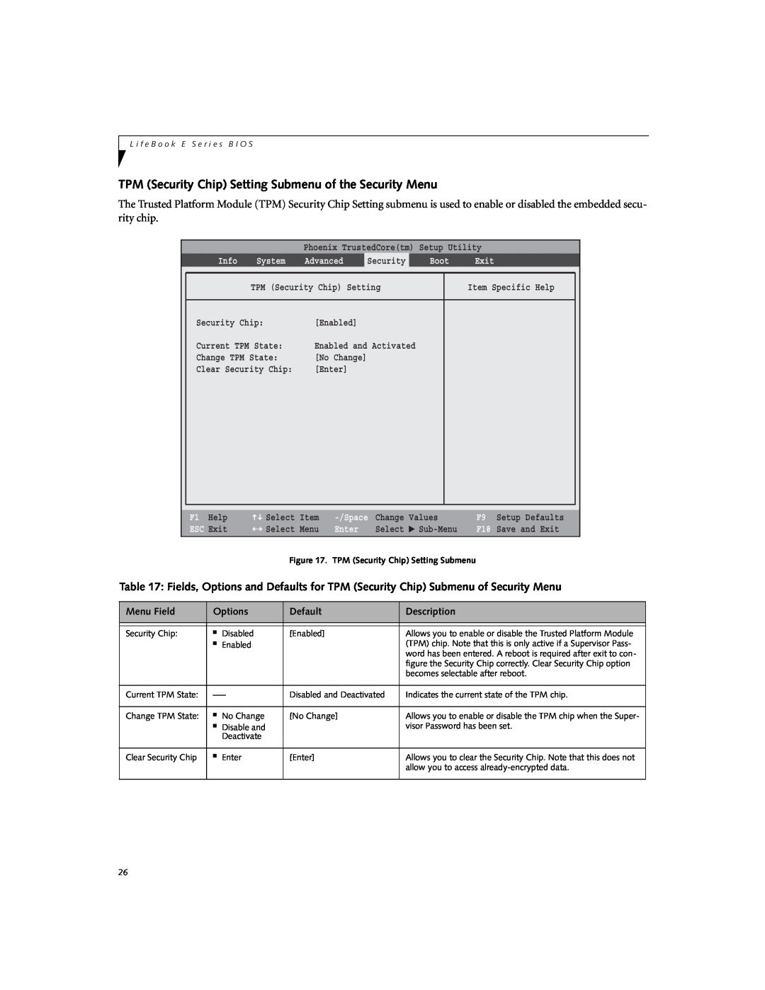 Fujitsu Siemens Computers E8310 TPM Security Chip Setting Submenu of the Security Menu, Info, System, Advanced, Boot, Exit 