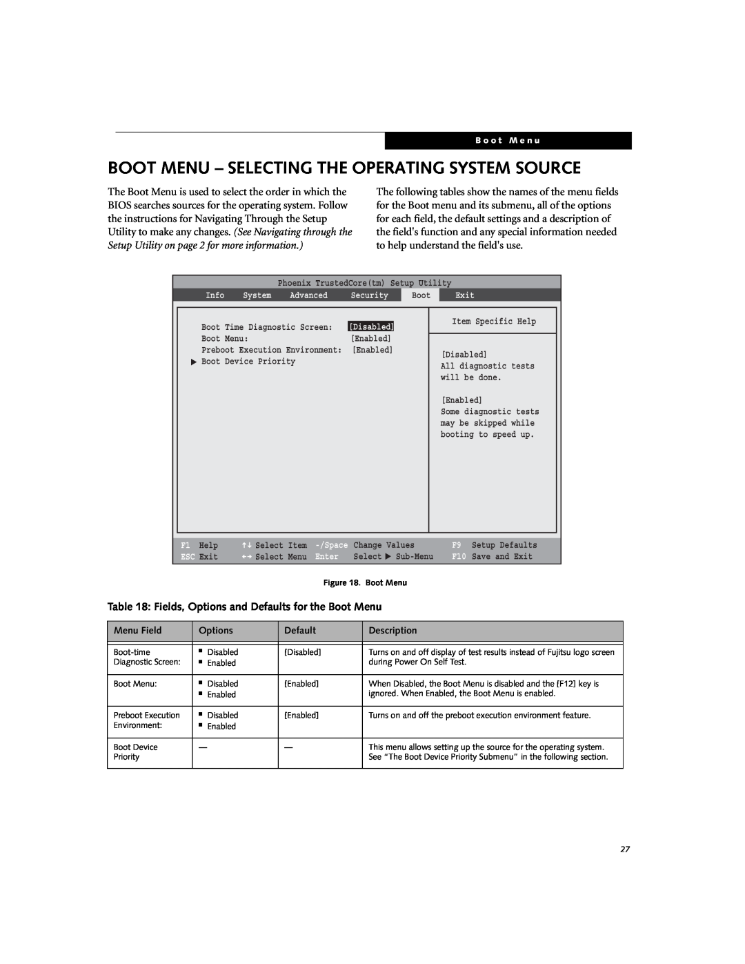 Fujitsu Siemens Computers E8310 Boot Menu - Selecting The Operating System Source, Info System Advanced Security Boot Exit 