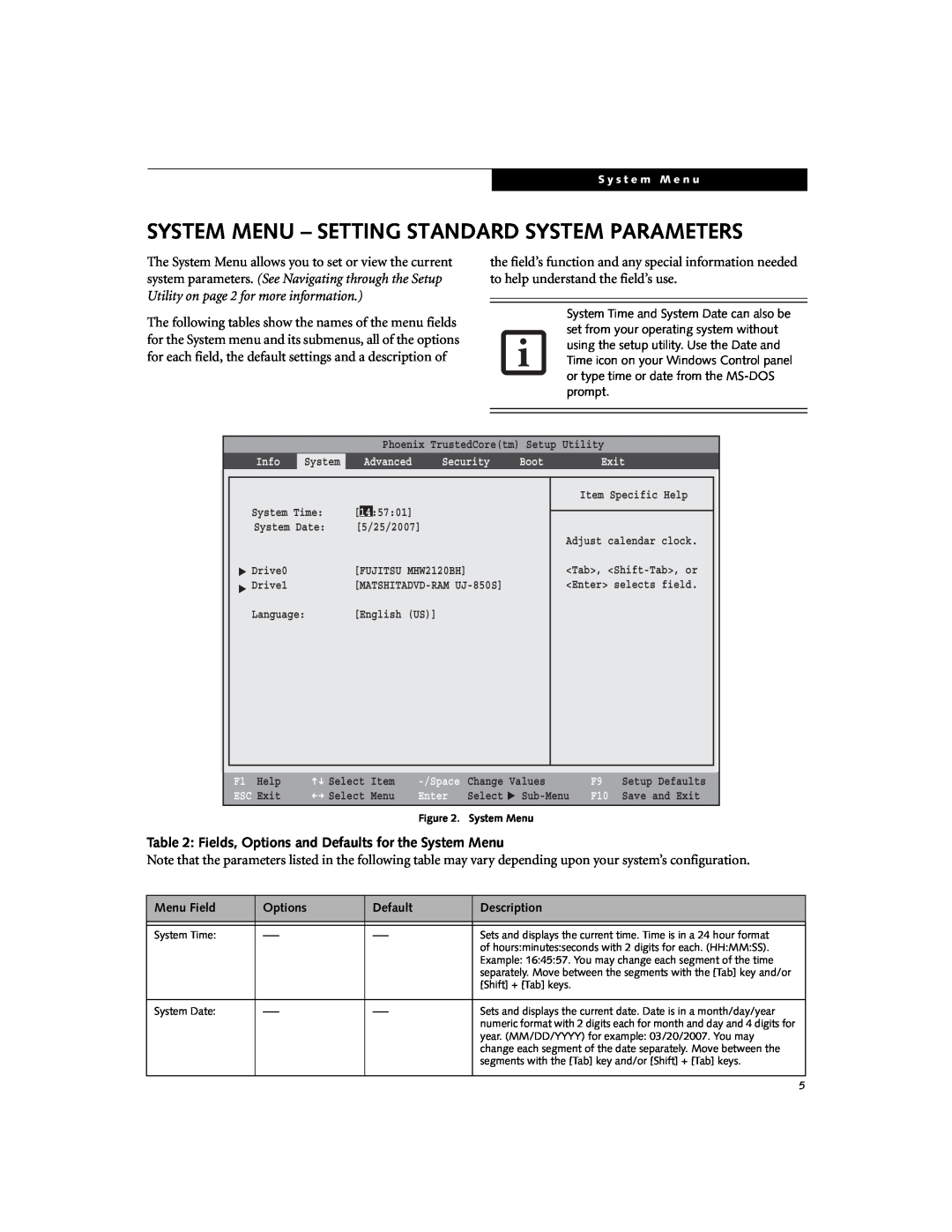 Fujitsu Siemens Computers E8310 manual System Menu - Setting Standard System Parameters 