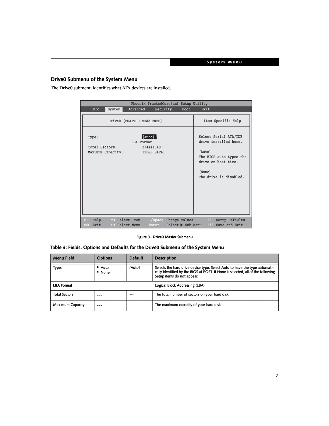 Fujitsu Siemens Computers E8310 Drive0 Submenu of the System Menu, Auto, Info, Advanced, Security, Exit, Enter, Menu Field 