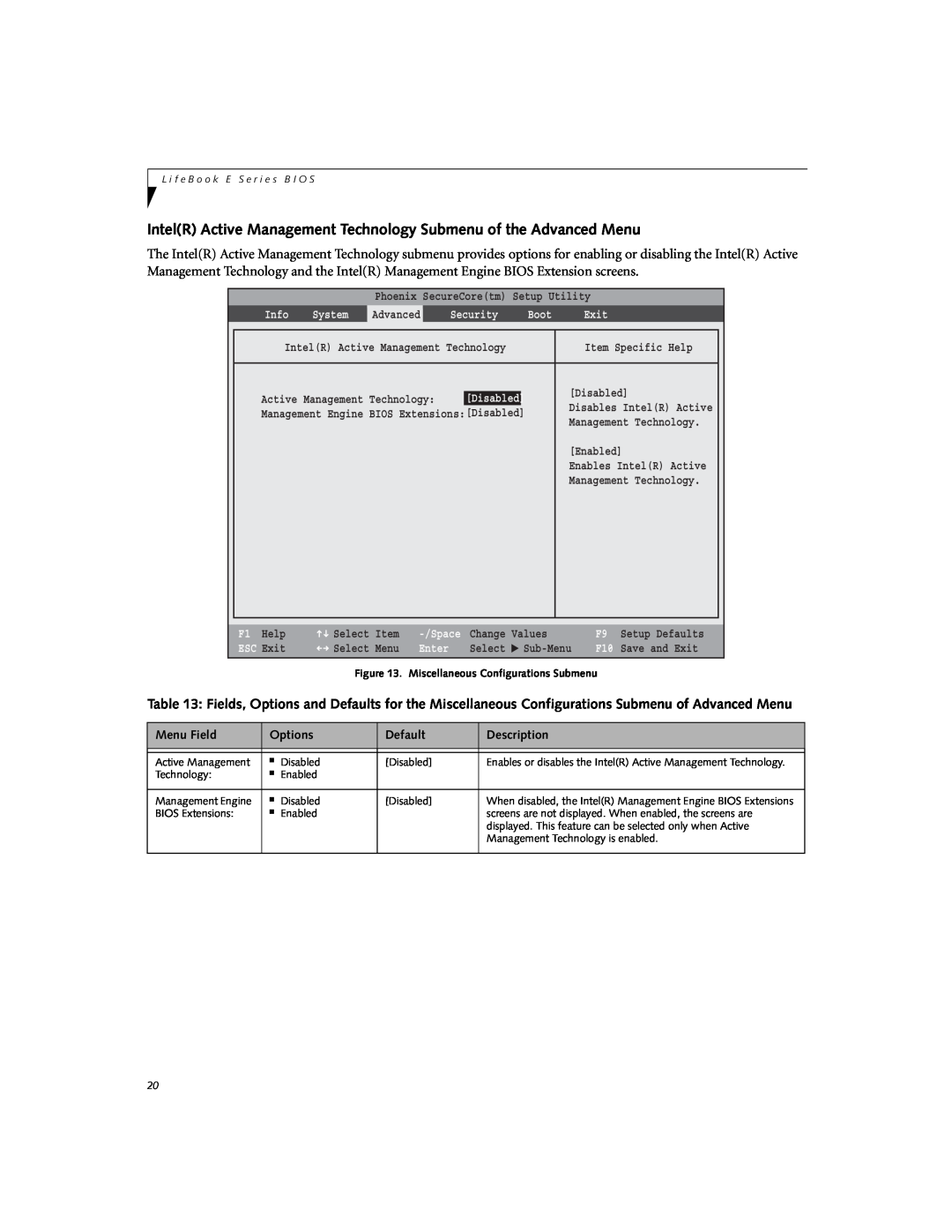 Fujitsu Siemens Computers E8420 IntelR Active Management Technology Submenu of the Advanced Menu, Menu Field, Options 