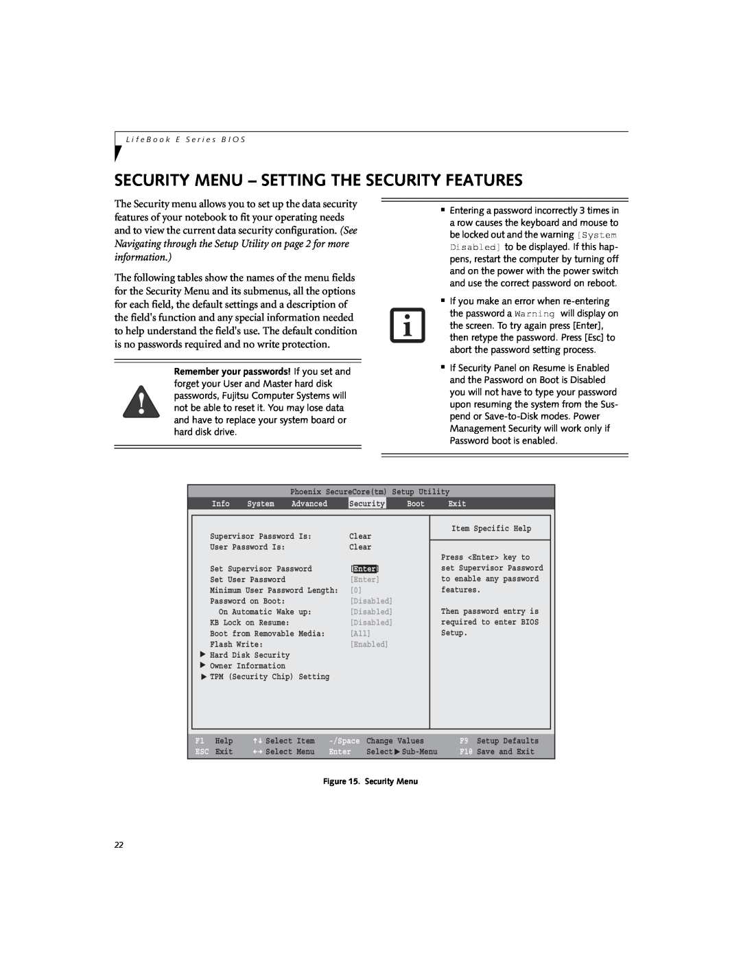 Fujitsu Siemens Computers E8420 manual Security Menu - Setting The Security Features, Disabled 