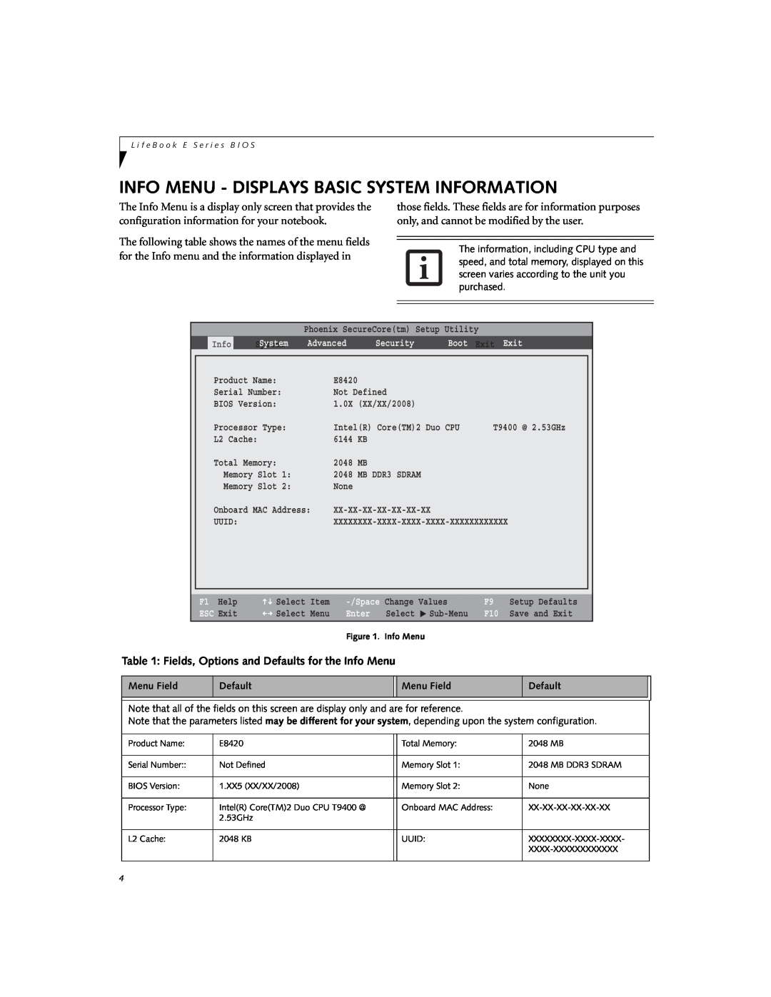 Fujitsu Siemens Computers E8420 manual Info Menu - Displays Basic System Information 