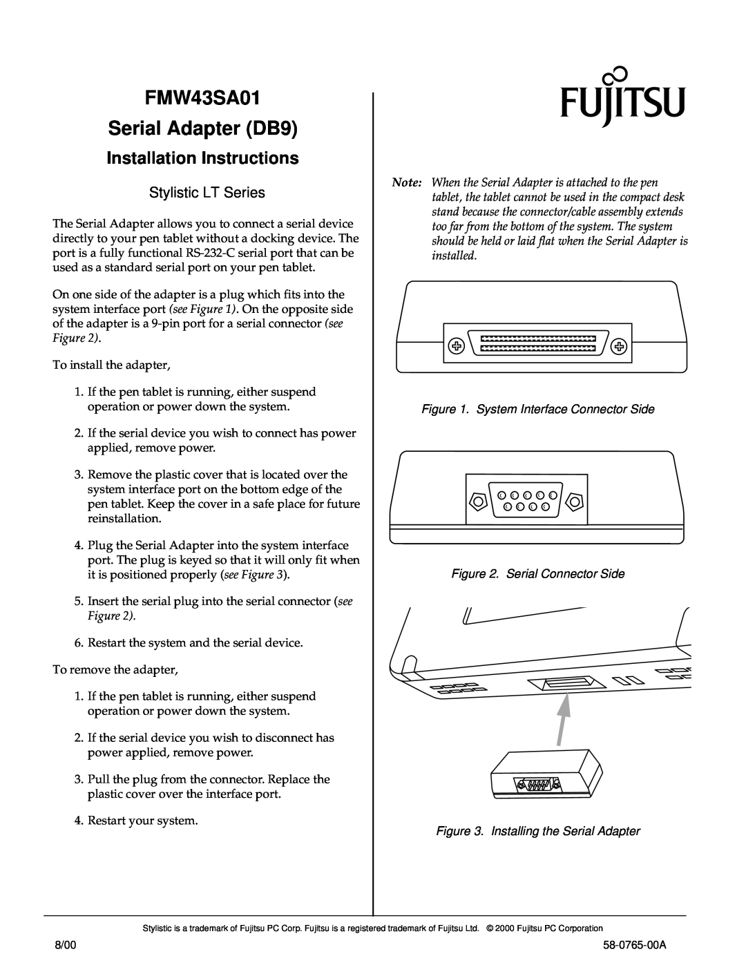 Fujitsu Siemens Computers installation instructions FMW43SA01 Serial Adapter DB9, Installation Instructions 