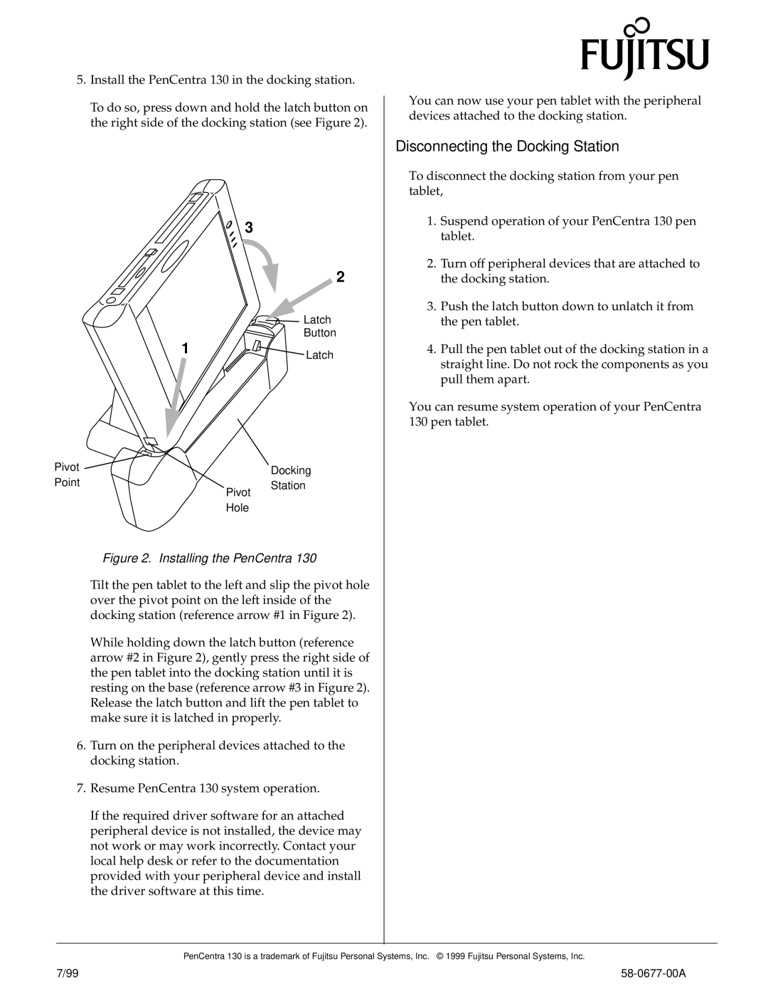 Fujitsu Siemens Computers FMW51DS1 manual Disconnecting the Docking Station, Latch Button Pivot, Point Pivot Station Hole 