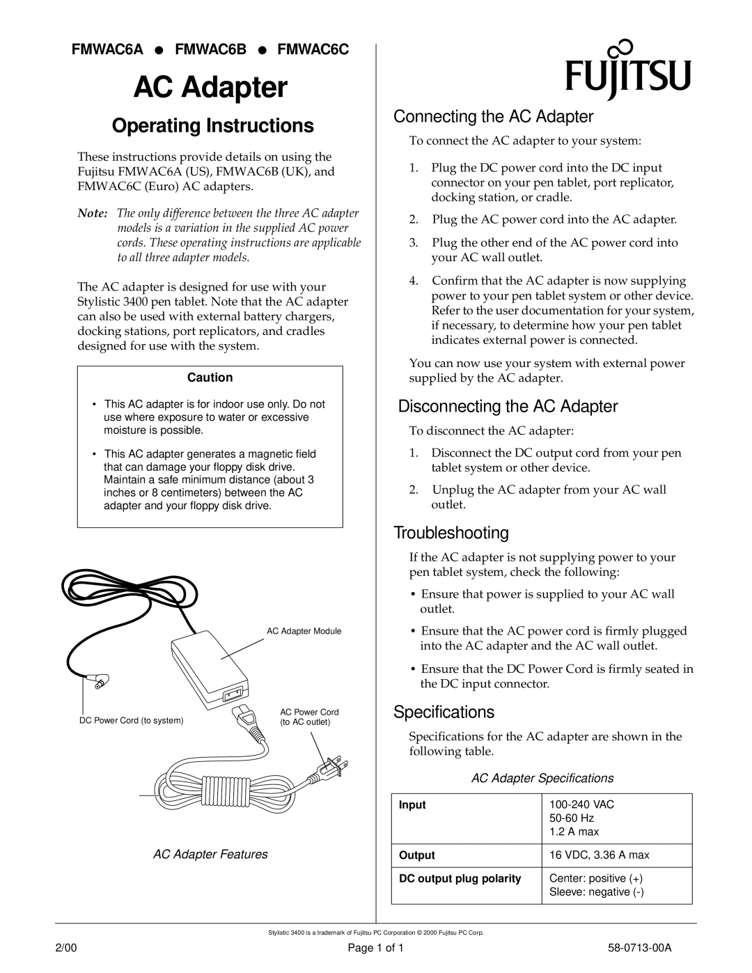 Fujitsu Siemens Computers FMWAC6B specifications Operating Instructions, Connecting the AC Adapter, Troubleshooting 