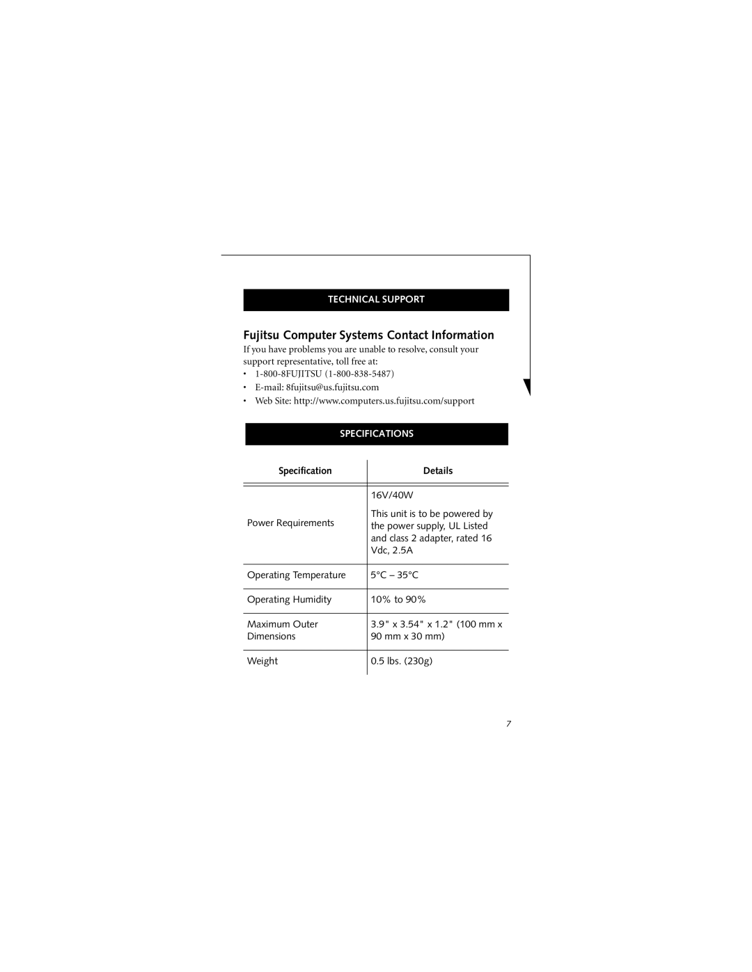 Fujitsu Siemens Computers FPCBC22 manual Fujitsu Computer Systems Contact Information, Technical Support, Specifications 