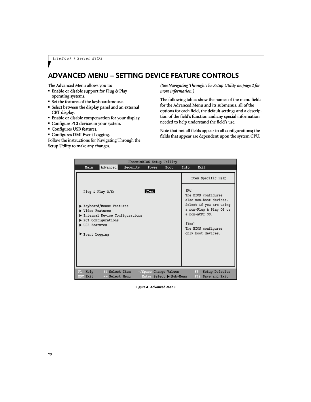 Fujitsu Siemens Computers i Series manual Advanced Menu - Setting Device Feature Controls 
