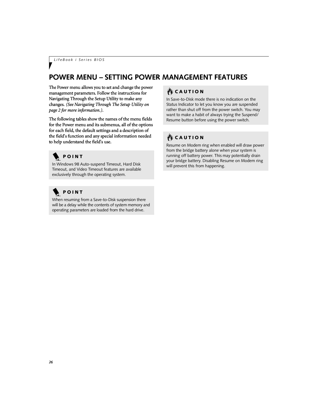 Fujitsu Siemens Computers i Series manual Power Menu - Setting Power Management Features, P O I N T, C A U T I O N 