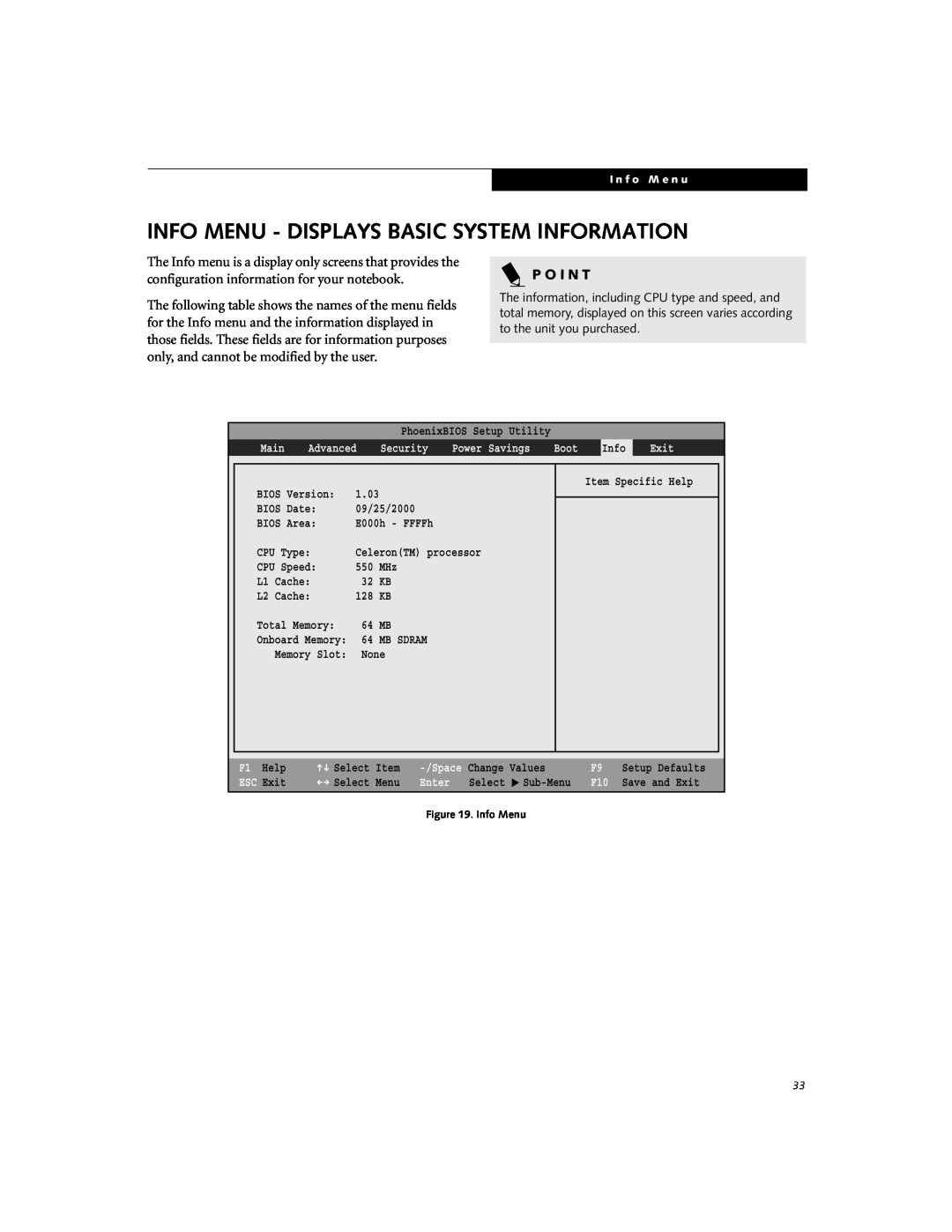 Fujitsu Siemens Computers i Series manual Info Menu - Displays Basic System Information, P O I N T, I n f o M e n u 