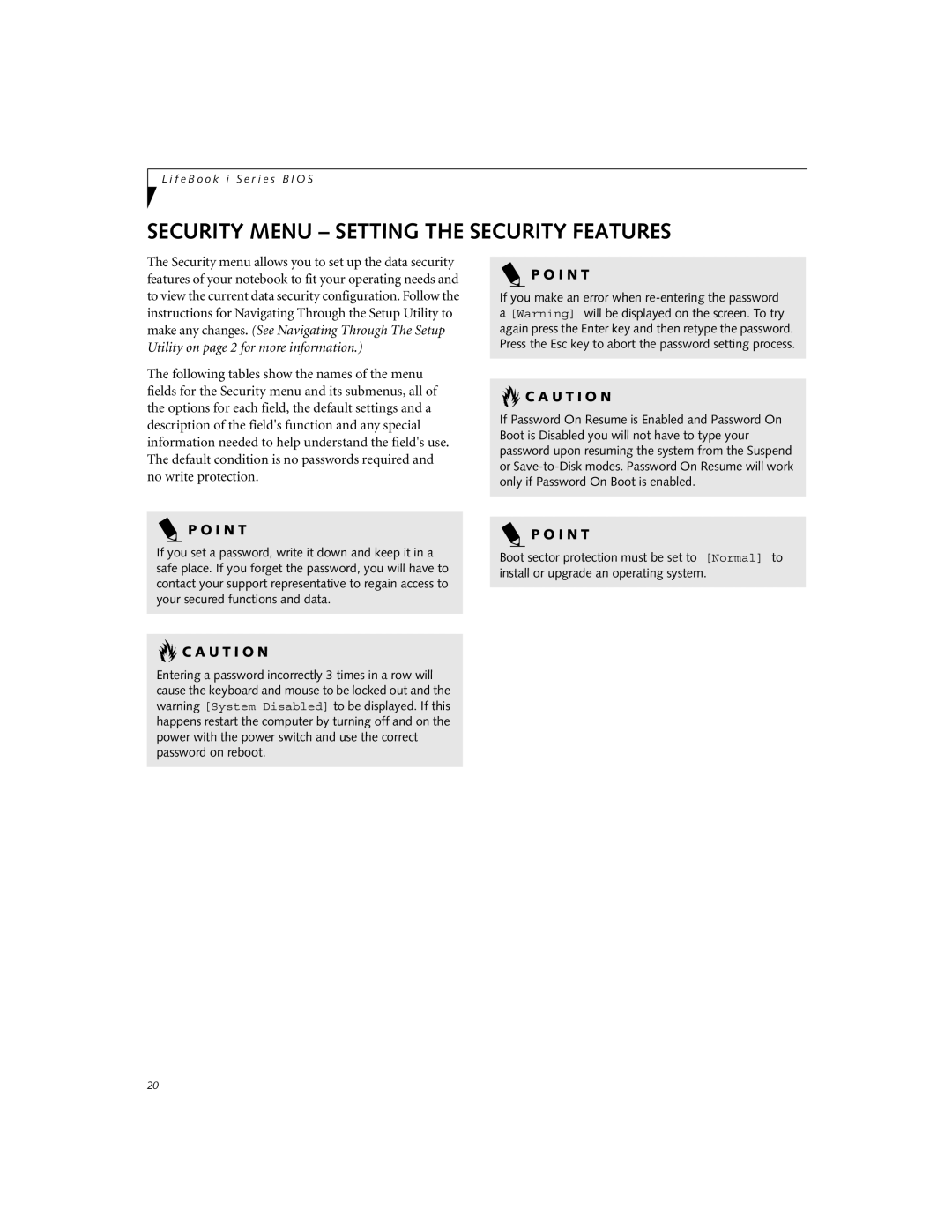 Fujitsu Siemens Computers i Series manual Security Menu Setting the Security Features, U T I O N 