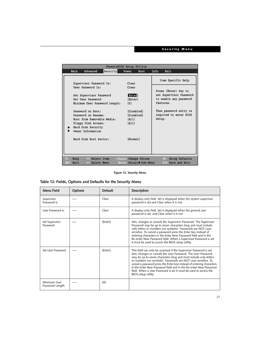 Fujitsu Siemens Computers i Series manual Fields, Options and Defaults for the Security Menu, Main Advanced, Power Boot 