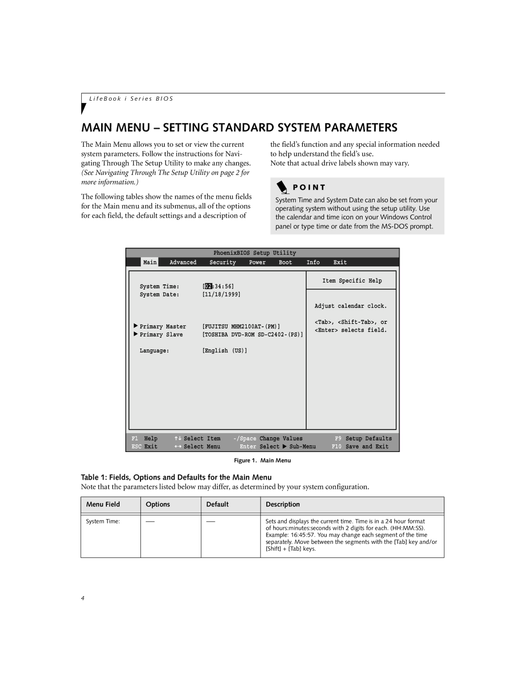 Fujitsu Siemens Computers i Series manual Main Menu Setting Standard System Parameters, ESC Exit, Enter 