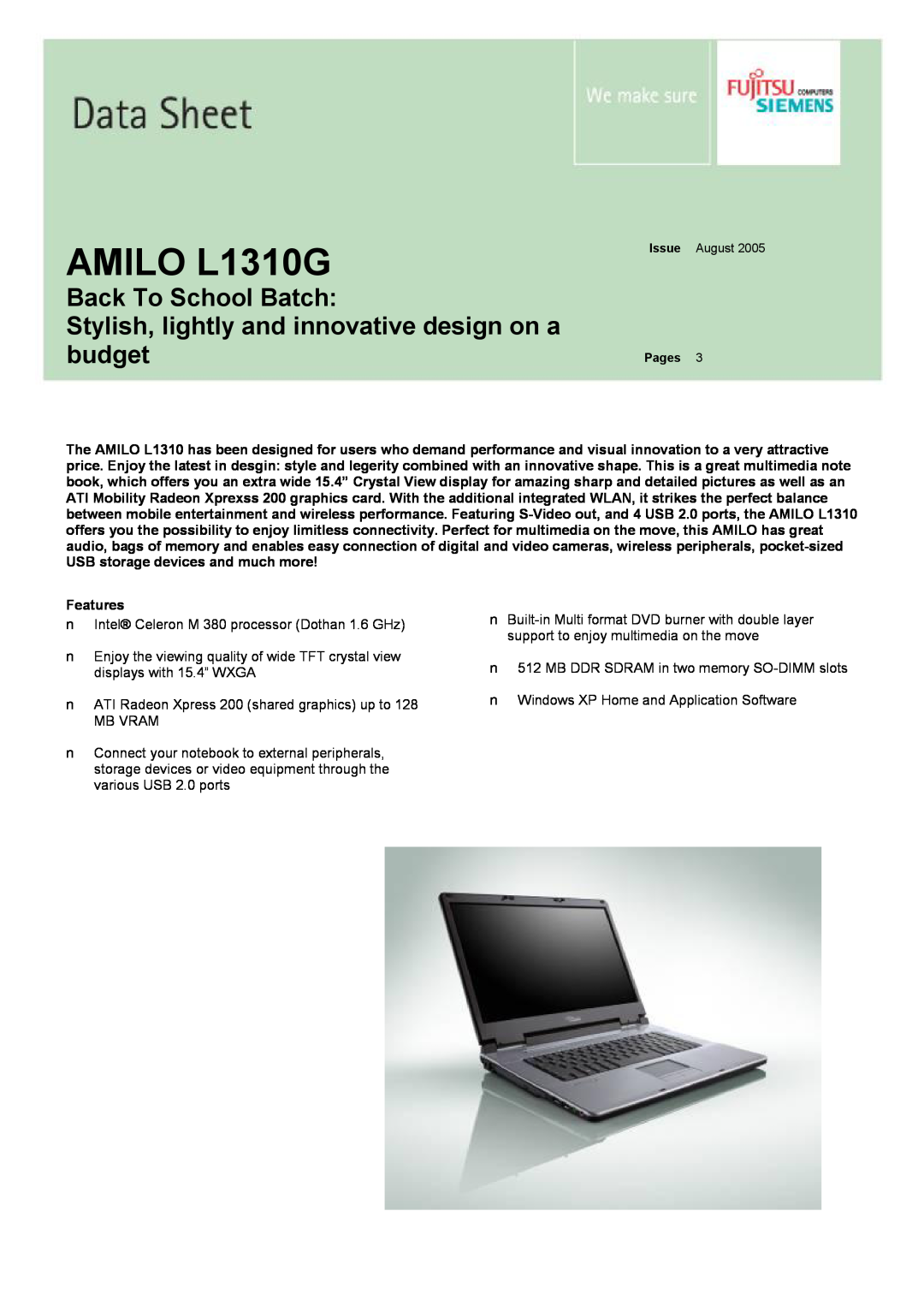 Fujitsu Siemens Computers manual AMILO L1310G, Back To School Batch, Stylish, lightly and innovative design on a budget 