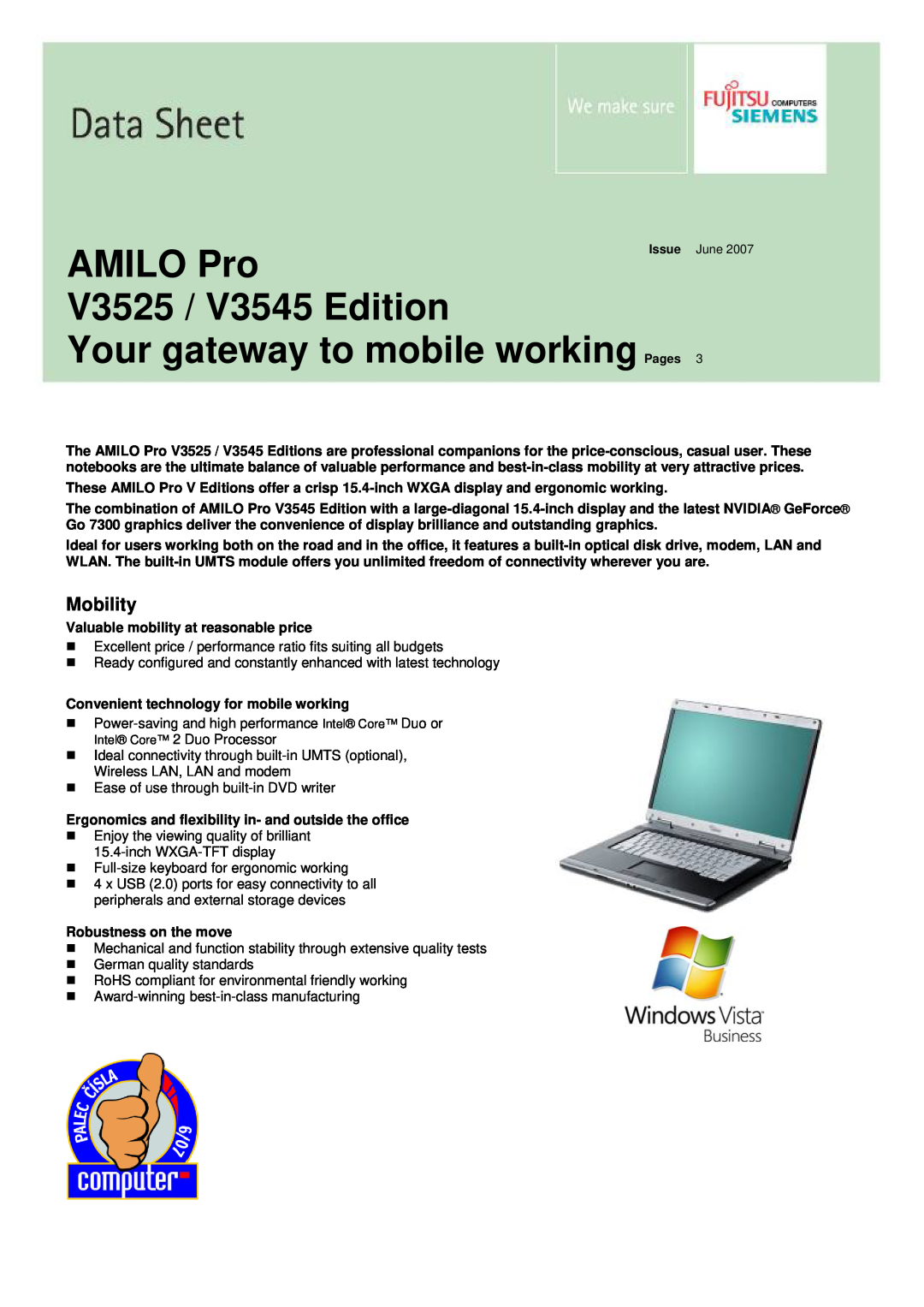 Fujitsu Siemens Computers Laptop PC manual AMILO Pro, V3525 / V3545 Edition, Your gateway to mobile working Pages 