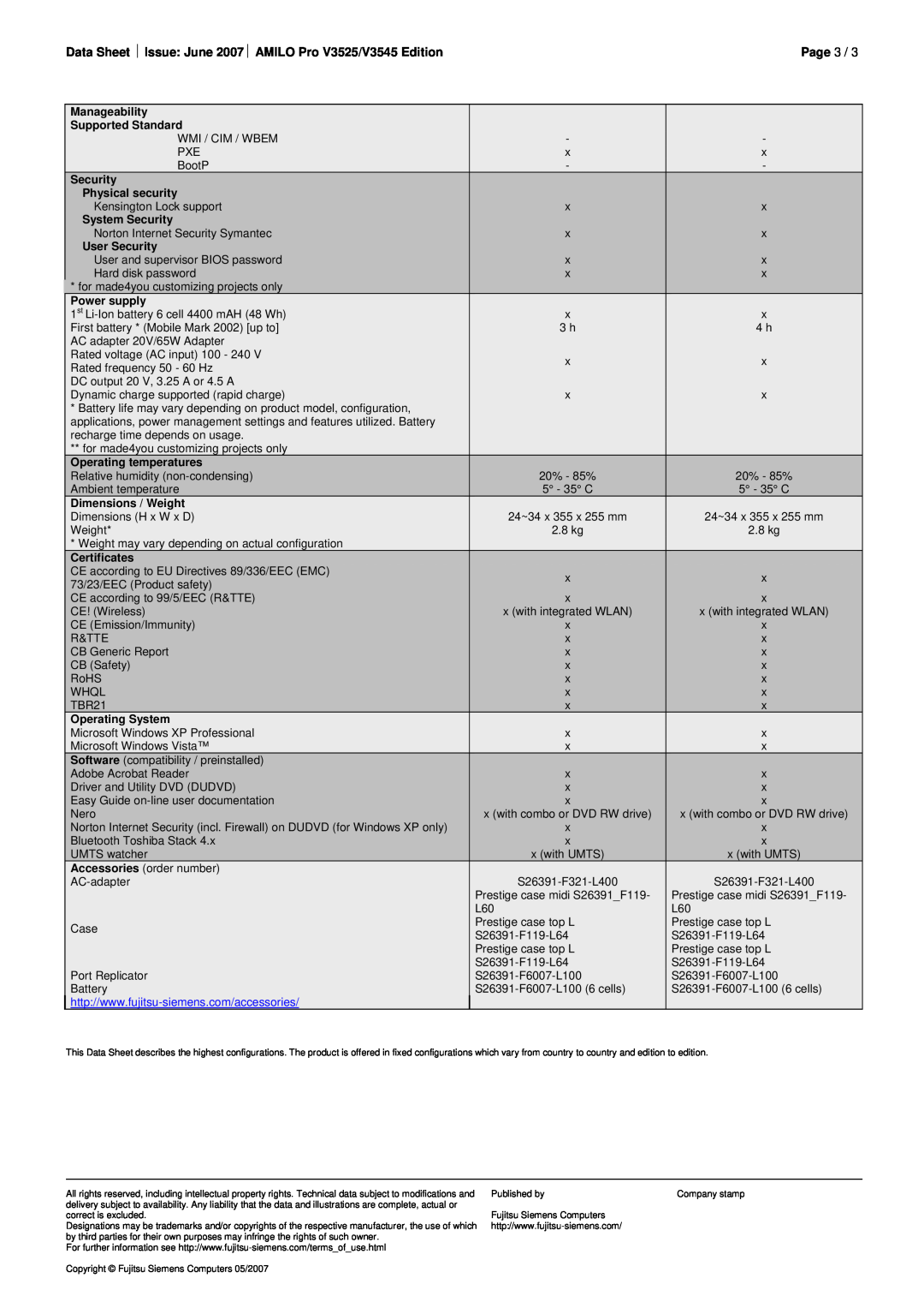 Fujitsu Siemens Computers Laptop PC manual Data Sheet Issue June 2007 AMILO Pro V3525/V3545 Edition, Page, Manageability 