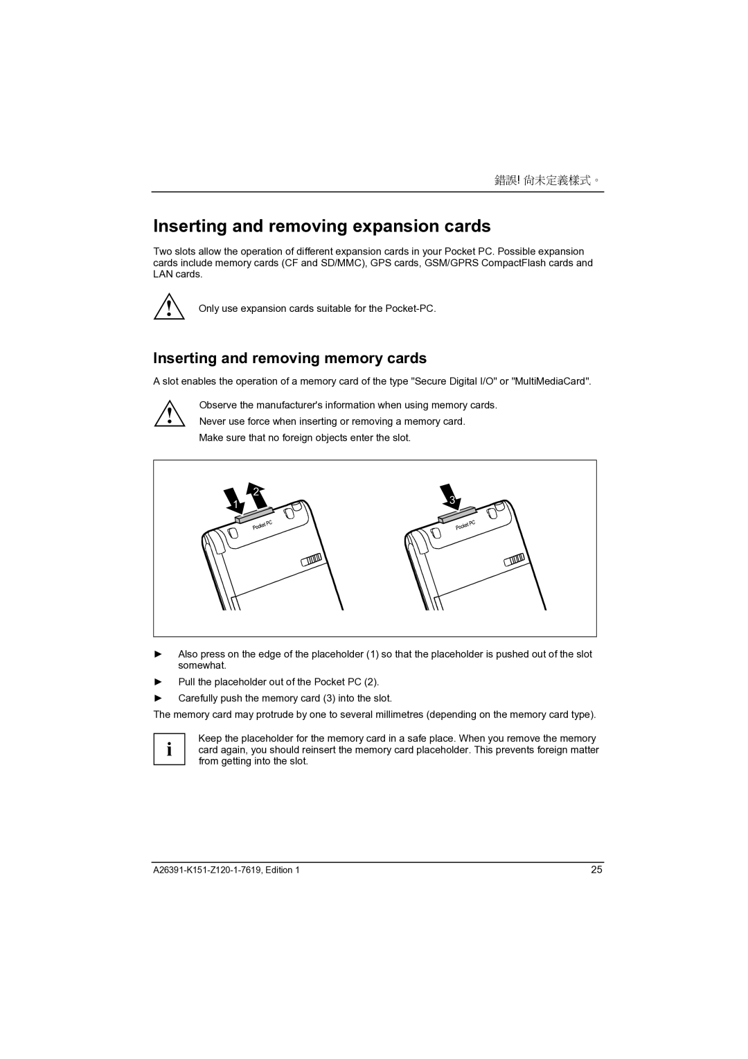 Fujitsu Siemens Computers LOOX 700 manual Inserting and removing expansion cards, Inserting and removing memory cards 