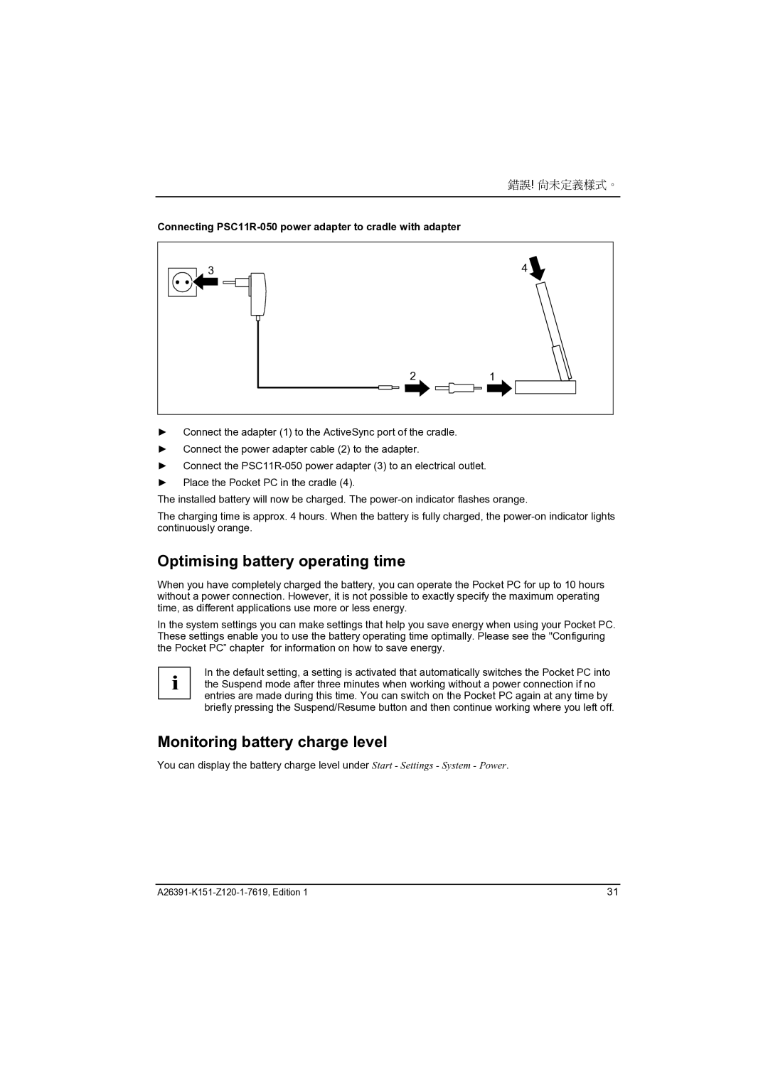 Fujitsu Siemens Computers LOOX 700 manual Optimising battery operating time, Monitoring battery charge level 