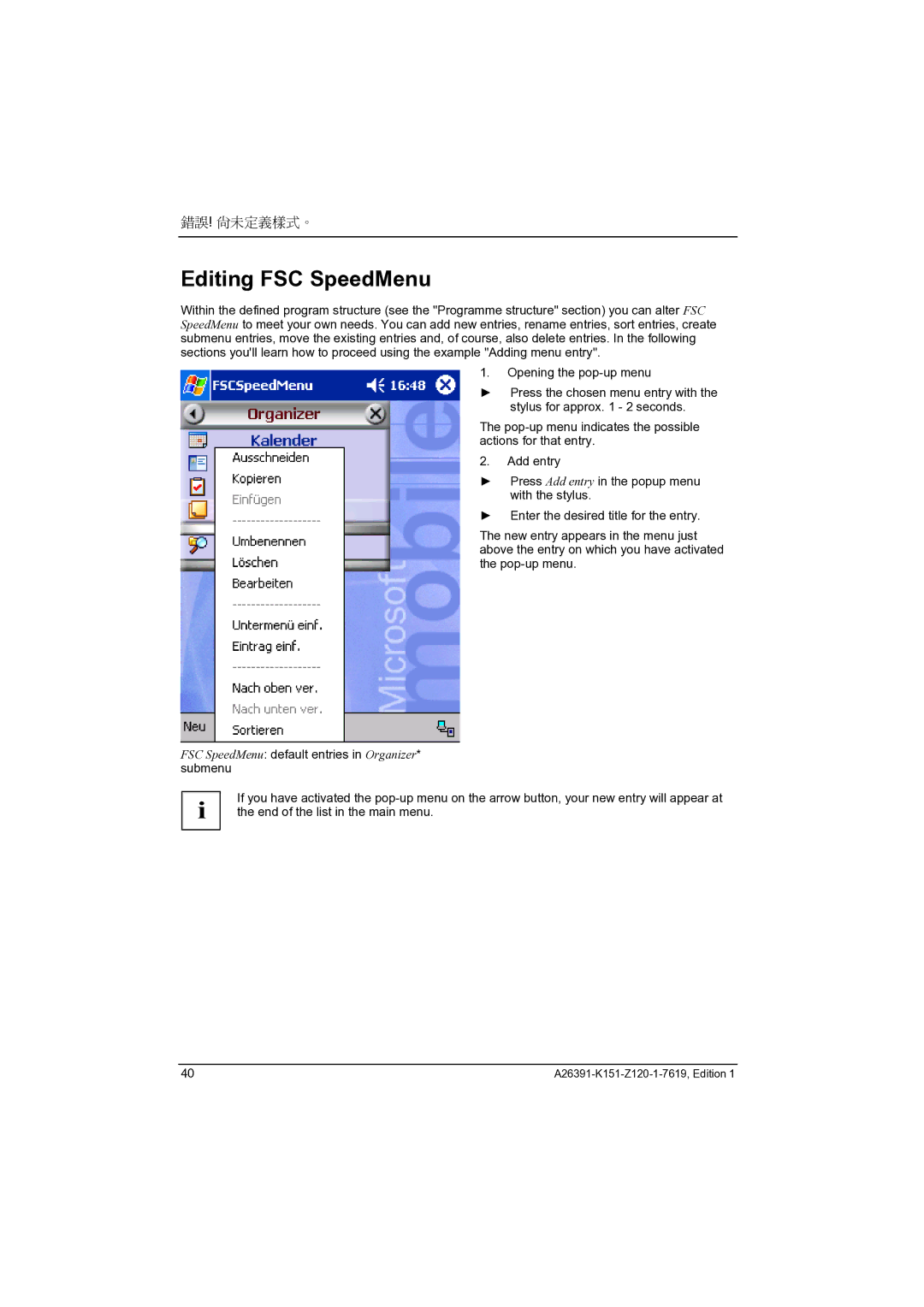 Fujitsu Siemens Computers LOOX 700 manual Editing FSC SpeedMenu 