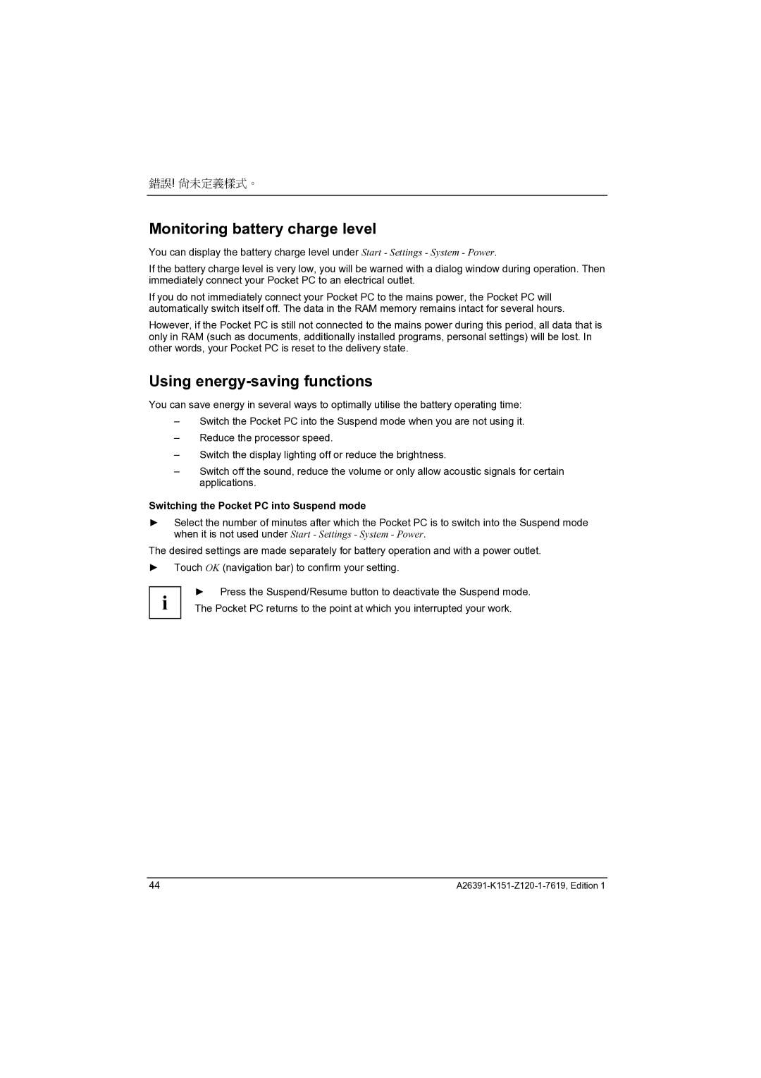 Fujitsu Siemens Computers LOOX 700 manual Using energy-saving functions, Switching the Pocket PC into Suspend mode 