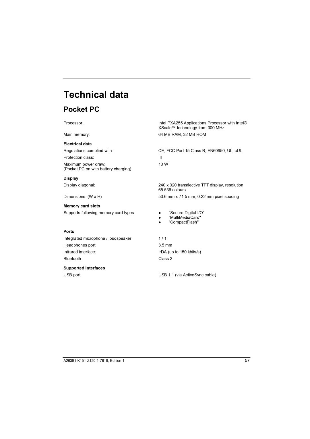 Fujitsu Siemens Computers LOOX 700 manual Technical data, Pocket PC 