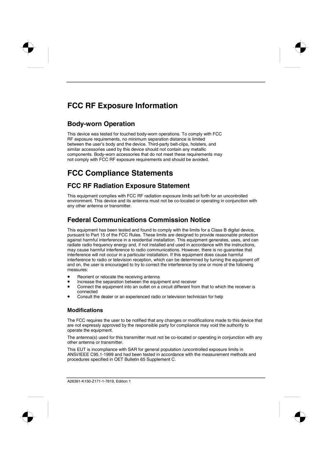 Fujitsu Siemens Computers LOOX 700 manual FCC RF Exposure Information, FCC Compliance Statements, Body-worn Operation 