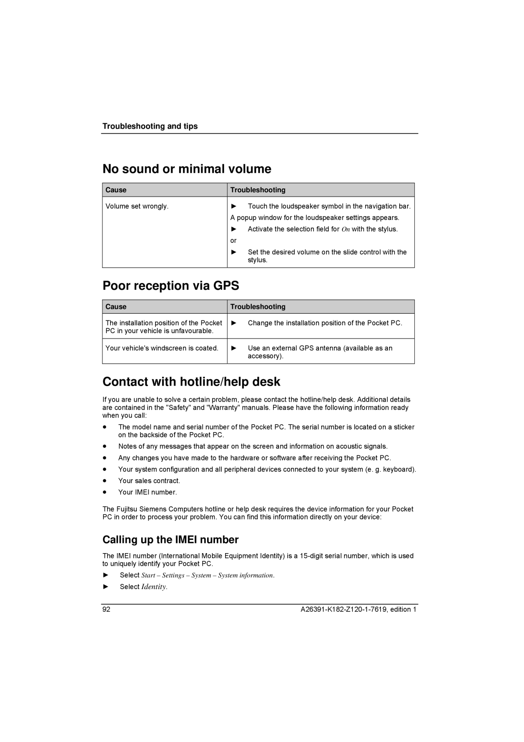 Fujitsu Siemens Computers Loox T manual No sound or minimal volume, Poor reception via GPS, Contact with hotline/help desk 