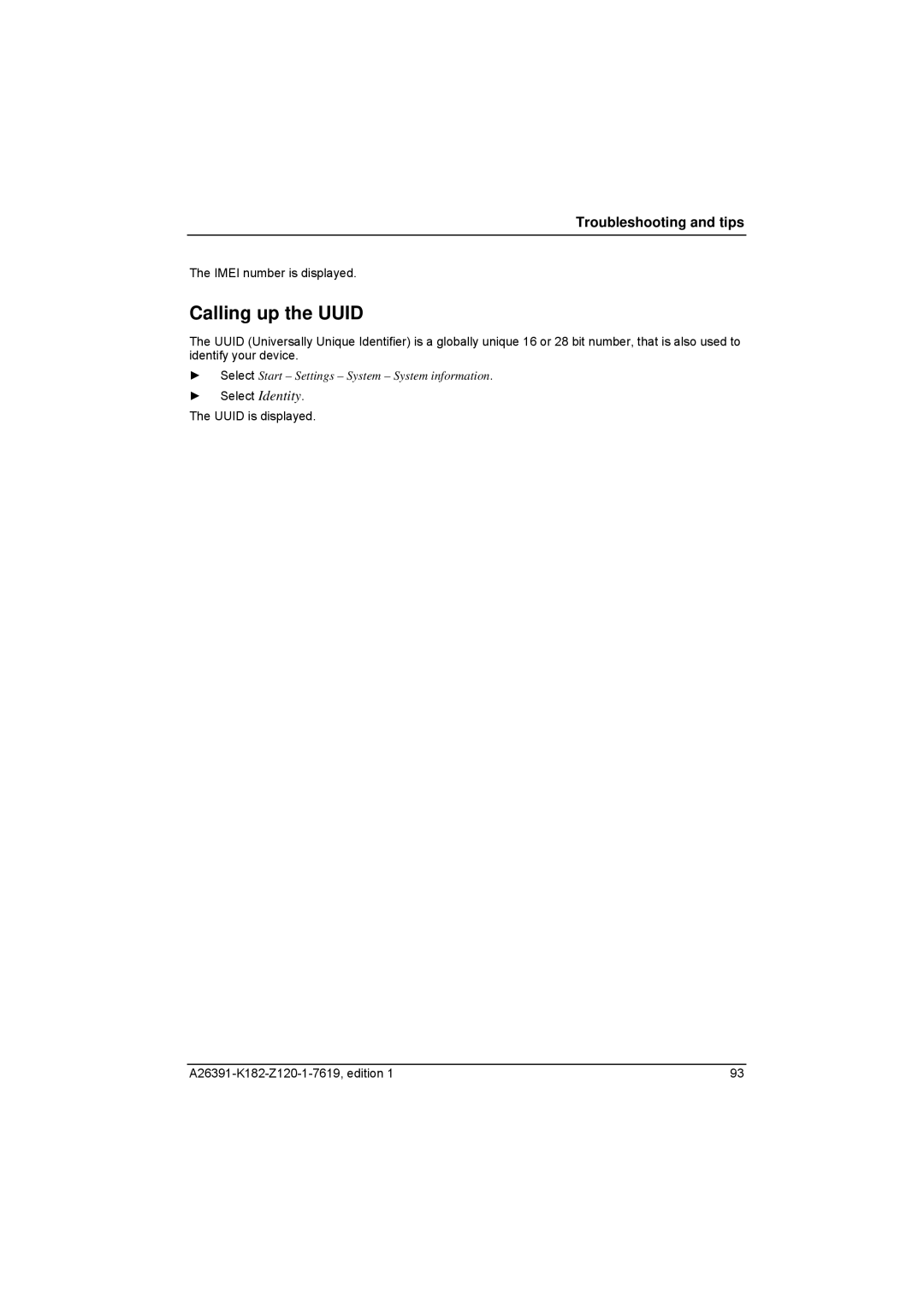 Fujitsu Siemens Computers Loox T manual Calling up the Uuid 