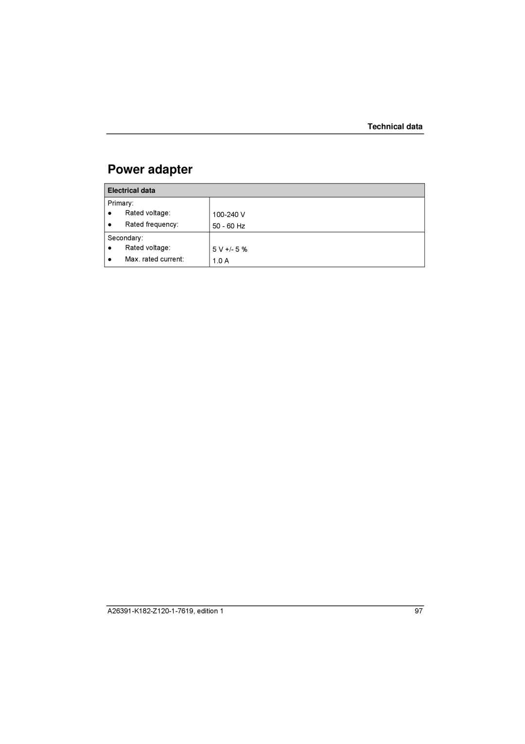 Fujitsu Siemens Computers Loox T manual Power adapter 