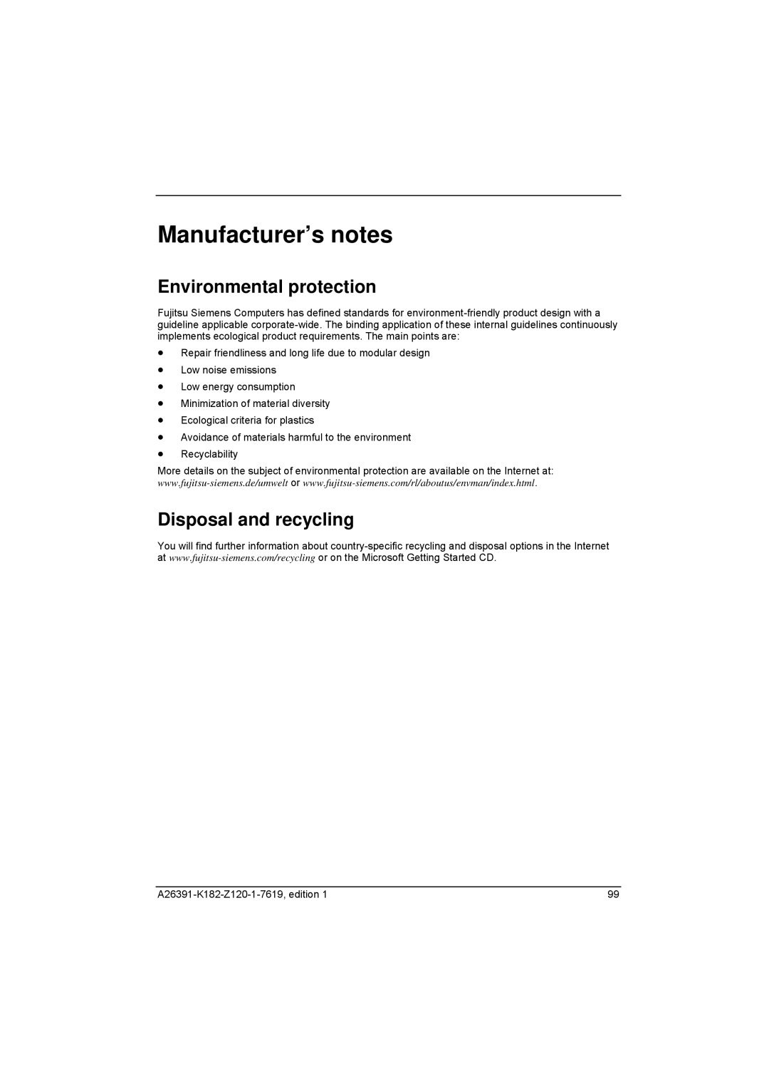 Fujitsu Siemens Computers Loox T manual Manufacturer’s notes, Environmental protection, Disposal and recycling 