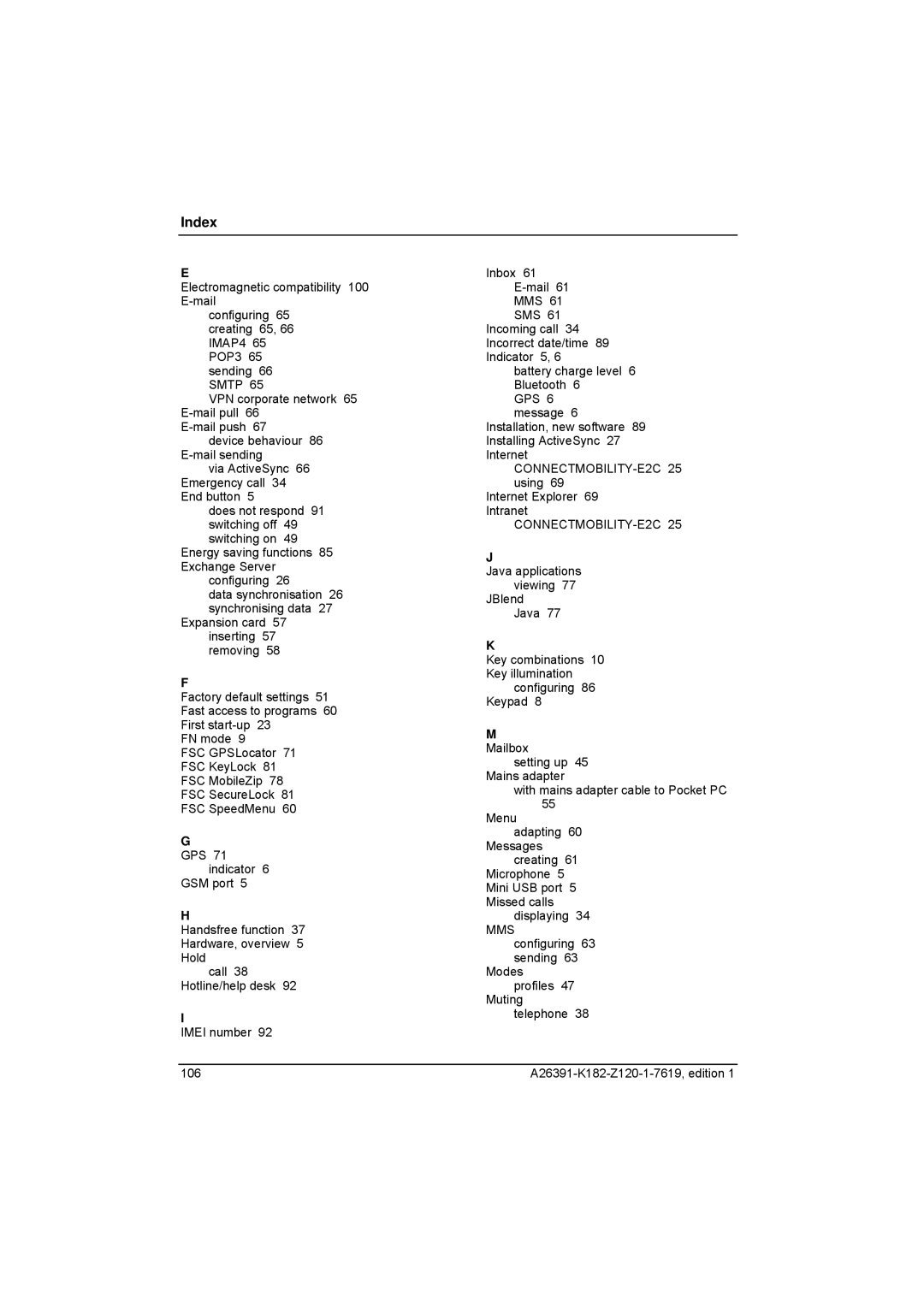 Fujitsu Siemens Computers Loox T manual Index, Mailbox 