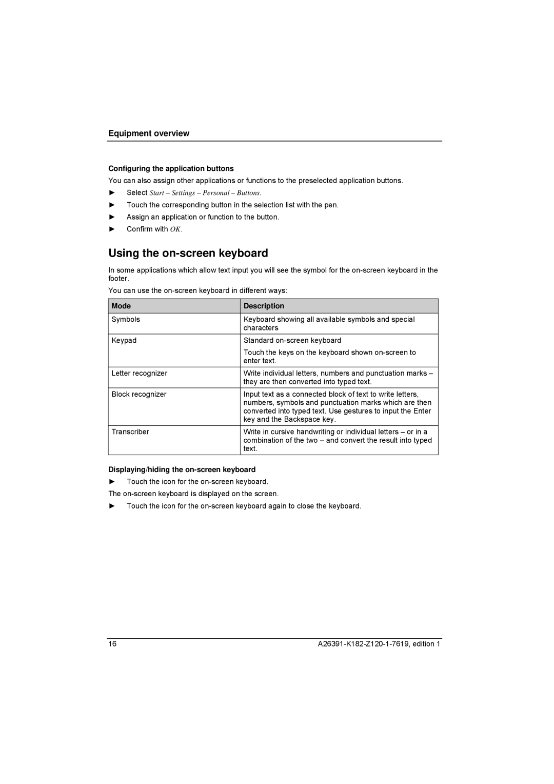 Fujitsu Siemens Computers Loox T manual Using the on-screen keyboard, Configuring the application buttons, Mode Description 