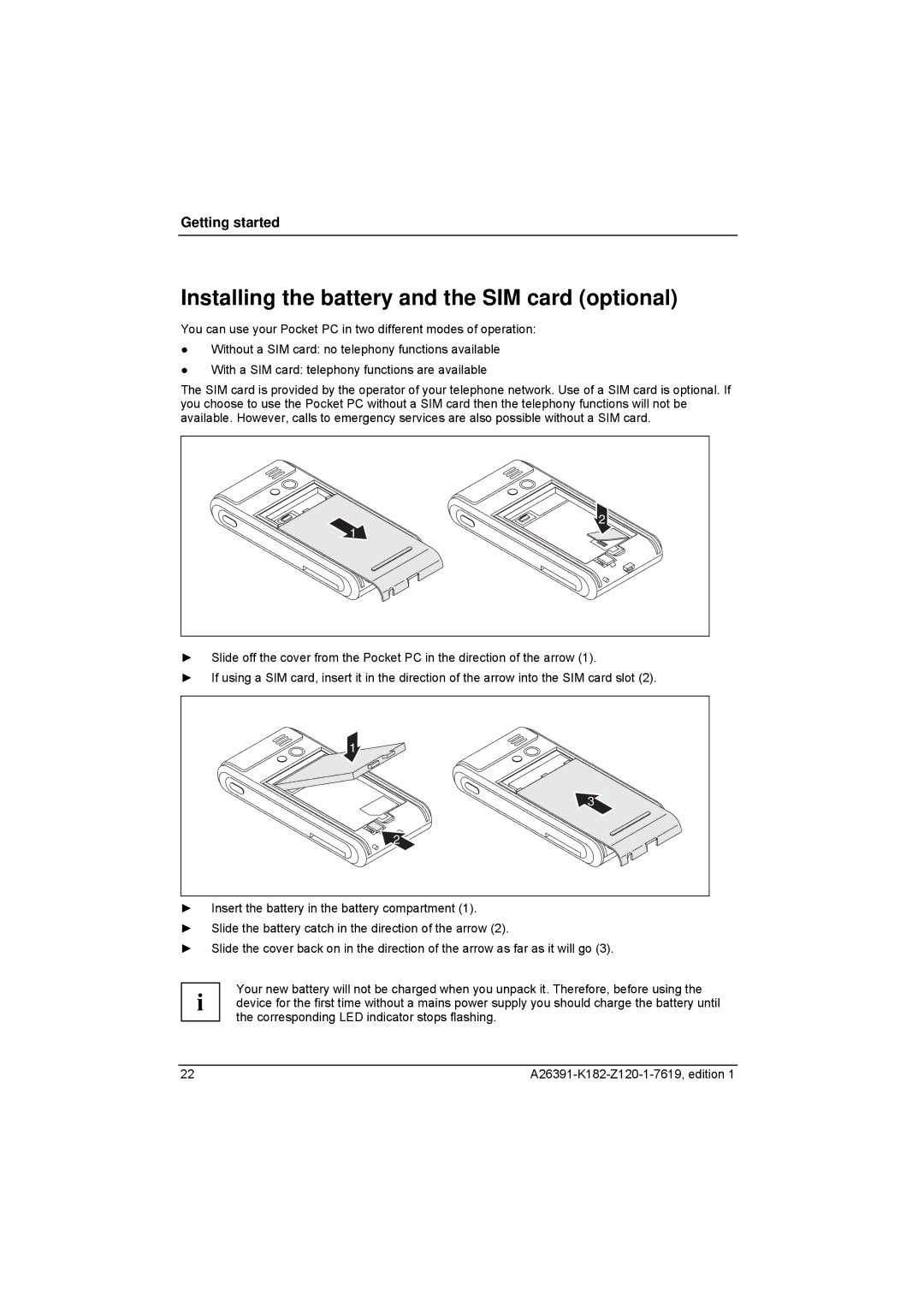 Fujitsu Siemens Computers Loox T manual Installing the battery and the SIM card optional 