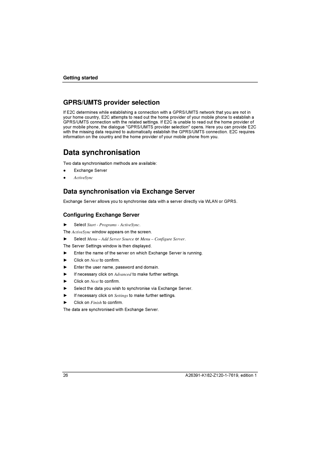 Fujitsu Siemens Computers Loox T manual Data synchronisation, GPRS/UMTS provider selection, Configuring Exchange Server 