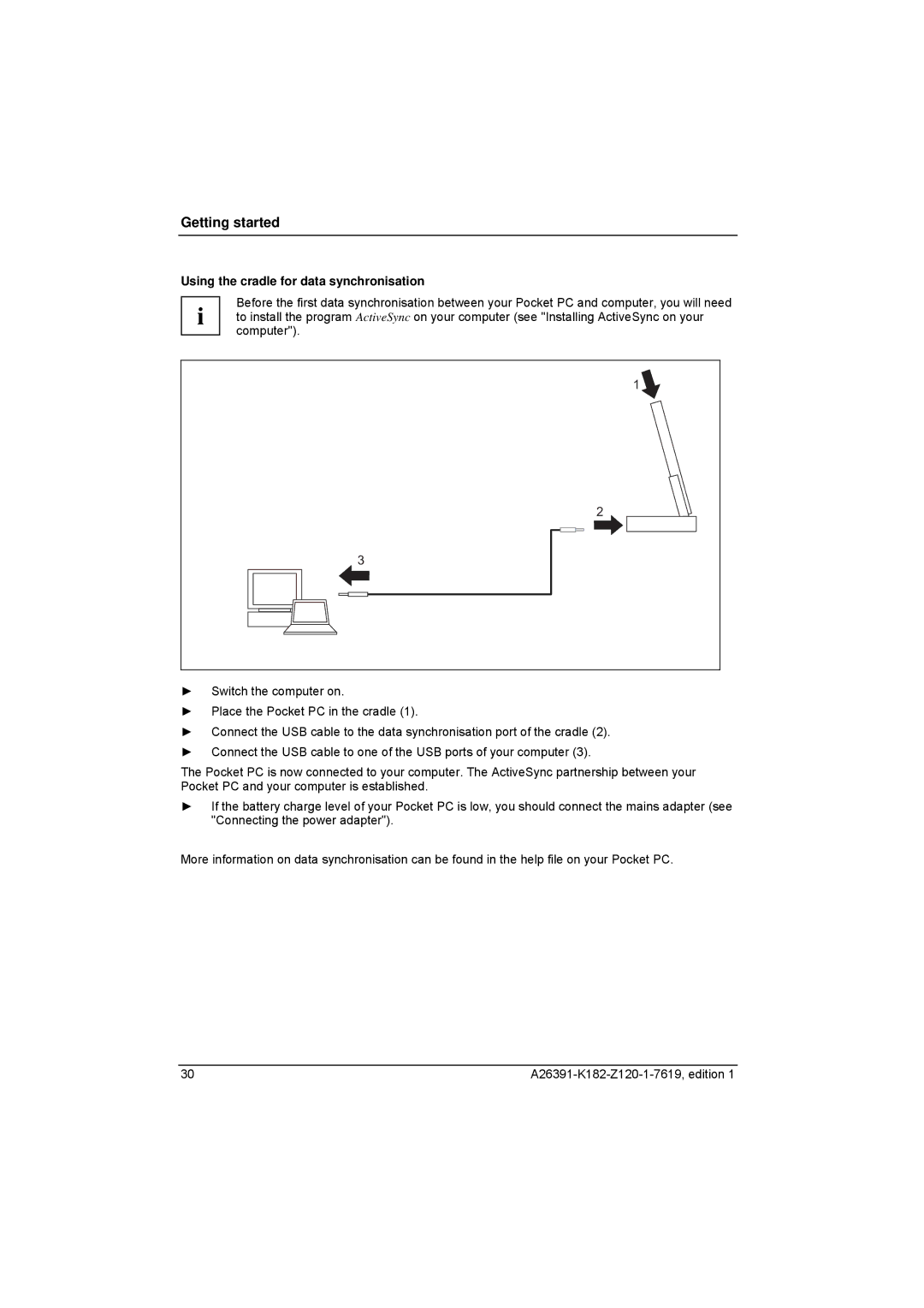 Fujitsu Siemens Computers Loox T manual Using the cradle for data synchronisation 