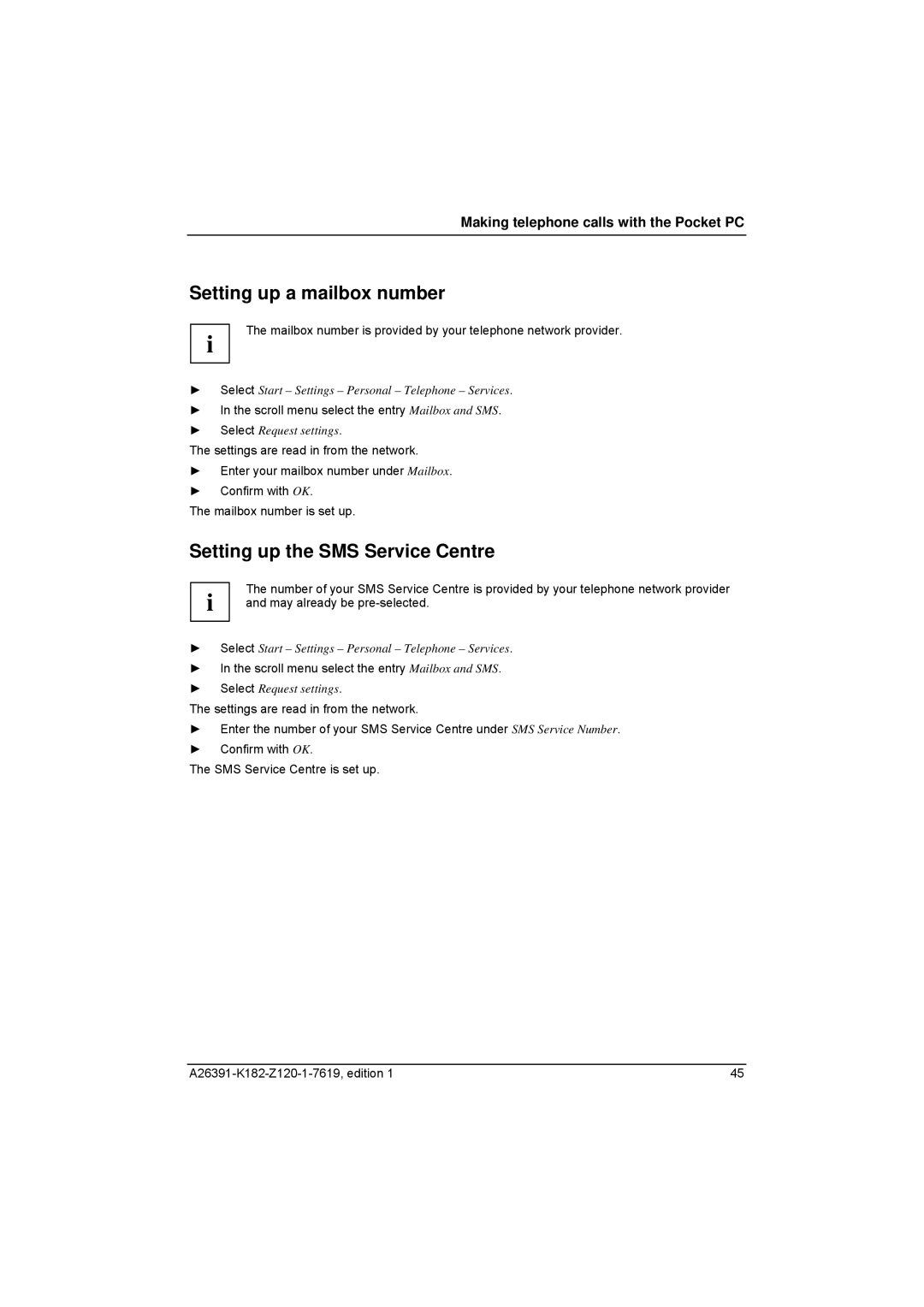 Fujitsu Siemens Computers Loox T manual Setting up a mailbox number, Setting up the SMS Service Centre 