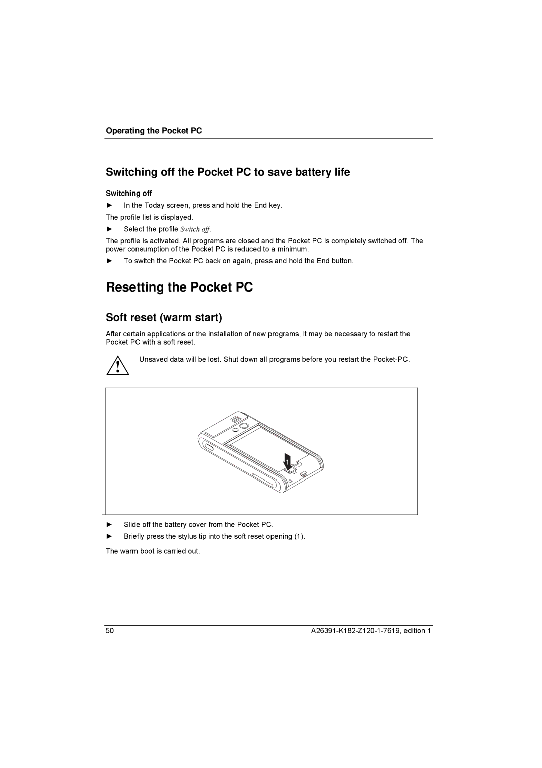 Fujitsu Siemens Computers Loox T manual Resetting the Pocket PC, Switching off the Pocket PC to save battery life 