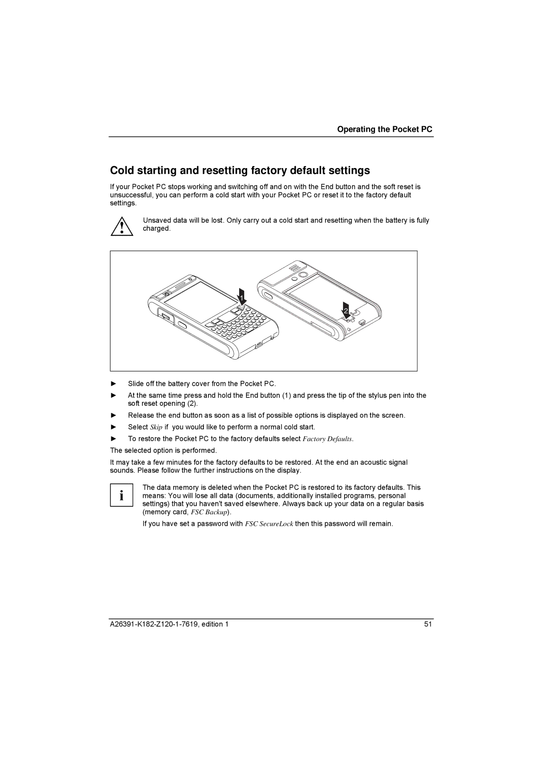 Fujitsu Siemens Computers Loox T manual Cold starting and resetting factory default settings 