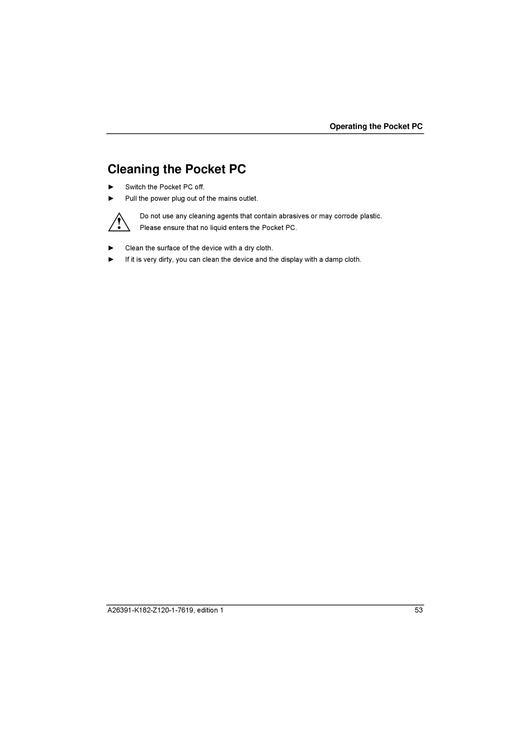 Fujitsu Siemens Computers Loox T manual Cleaning the Pocket PC 