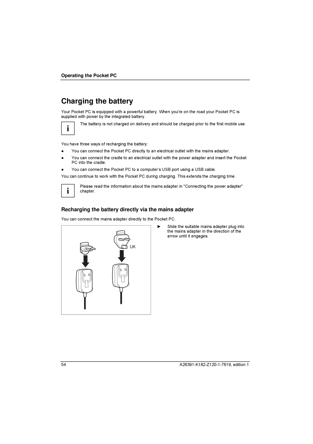 Fujitsu Siemens Computers Loox T manual Charging the battery, Recharging the battery directly via the mains adapter 