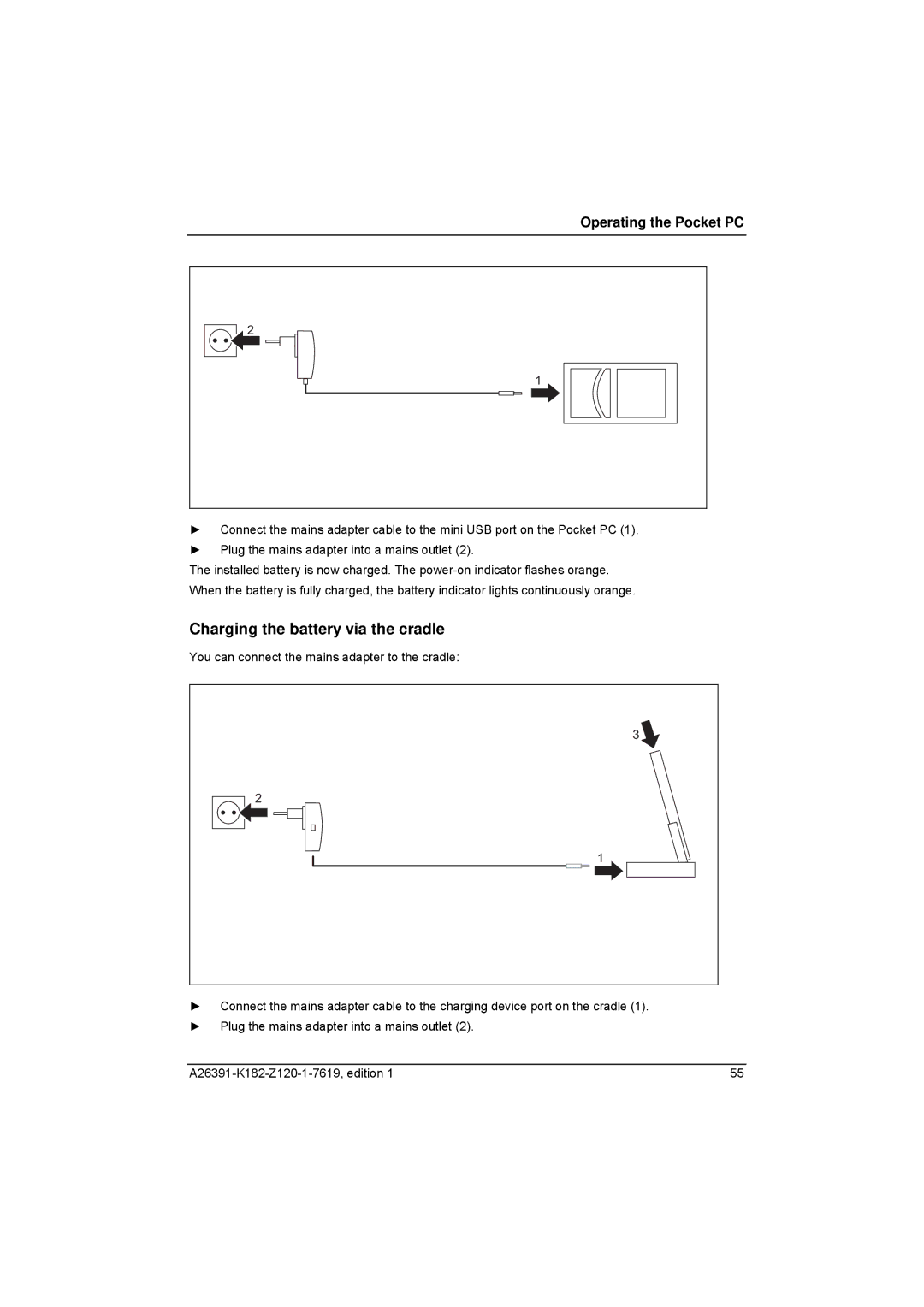 Fujitsu Siemens Computers Loox T manual Charging the battery via the cradle 