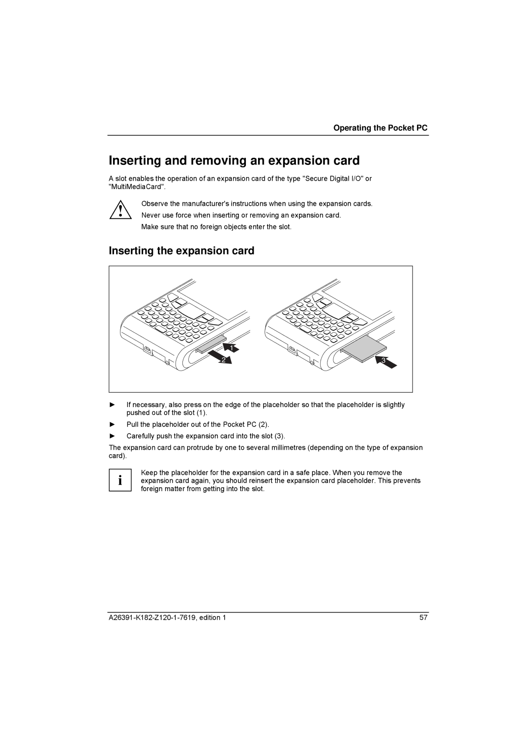 Fujitsu Siemens Computers Loox T manual Inserting and removing an expansion card, Inserting the expansion card 