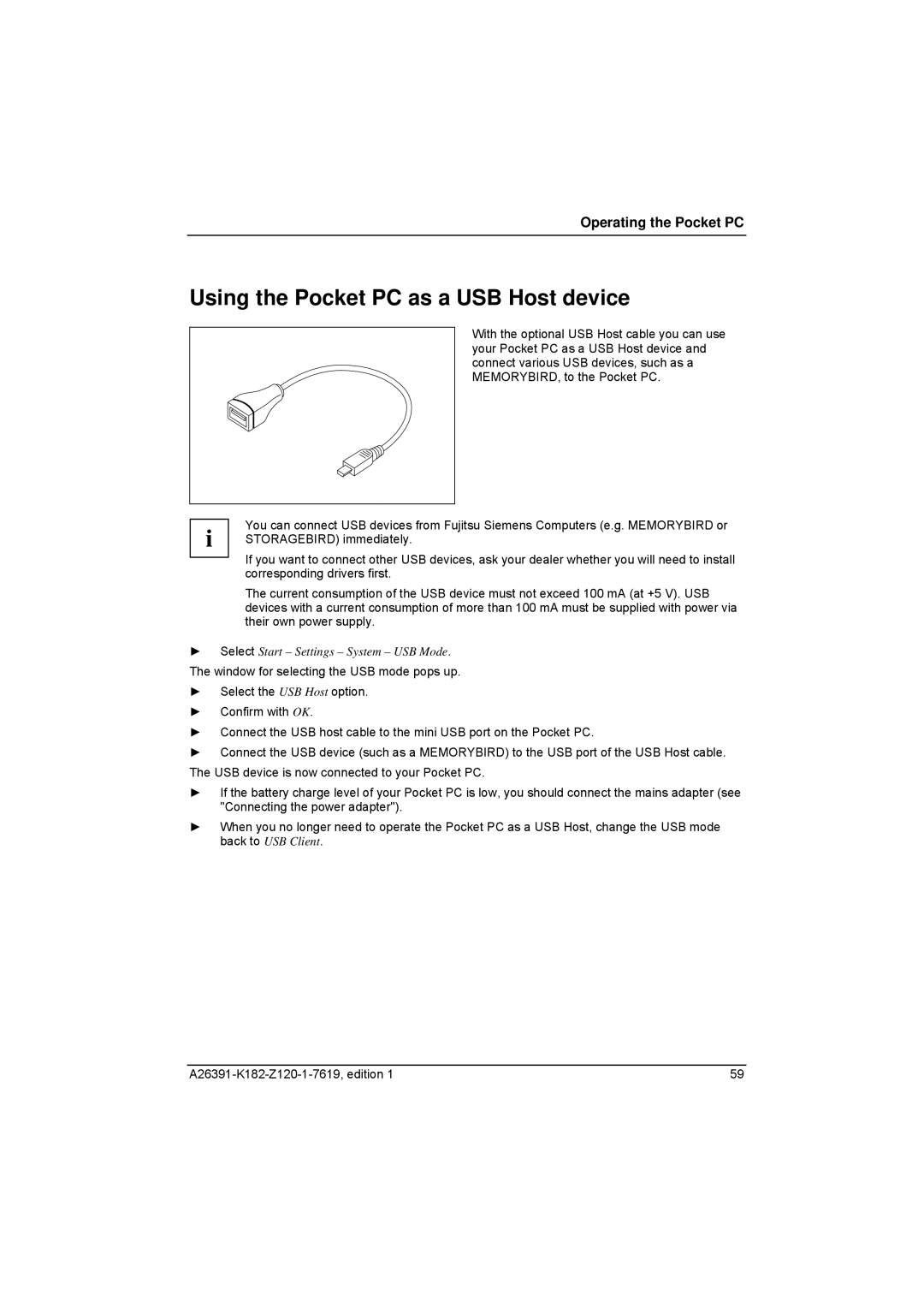 Fujitsu Siemens Computers Loox T manual Using the Pocket PC as a USB Host device 