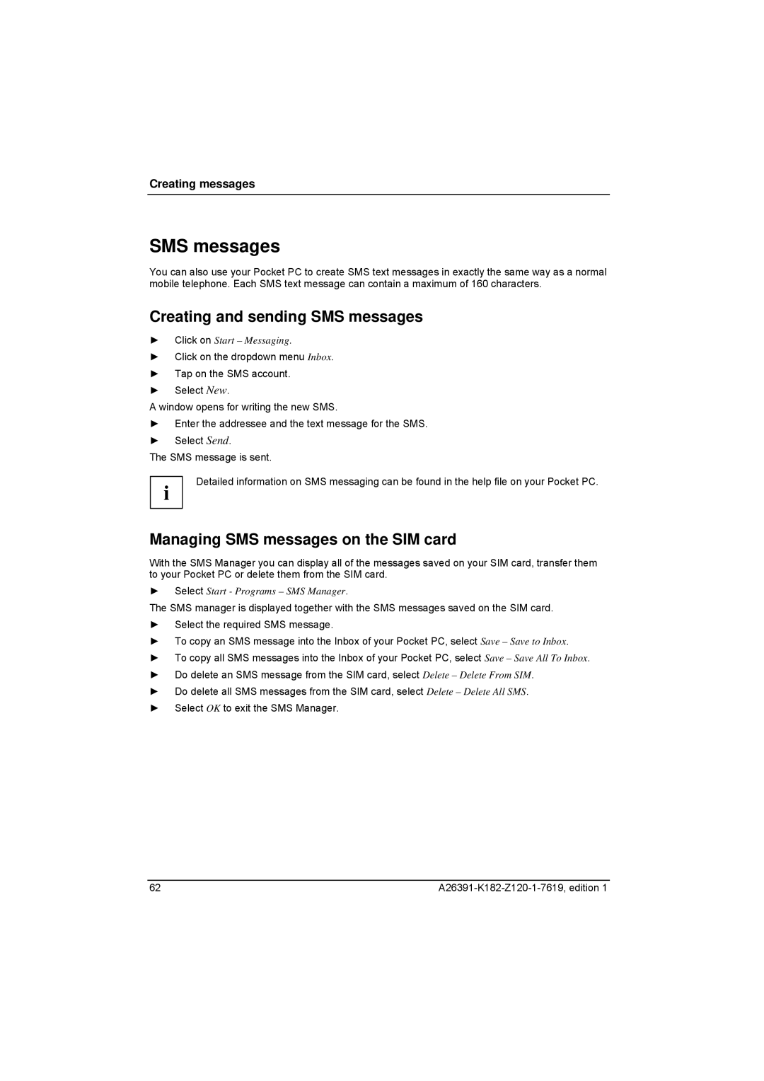 Fujitsu Siemens Computers Loox T manual Creating and sending SMS messages, Managing SMS messages on the SIM card 