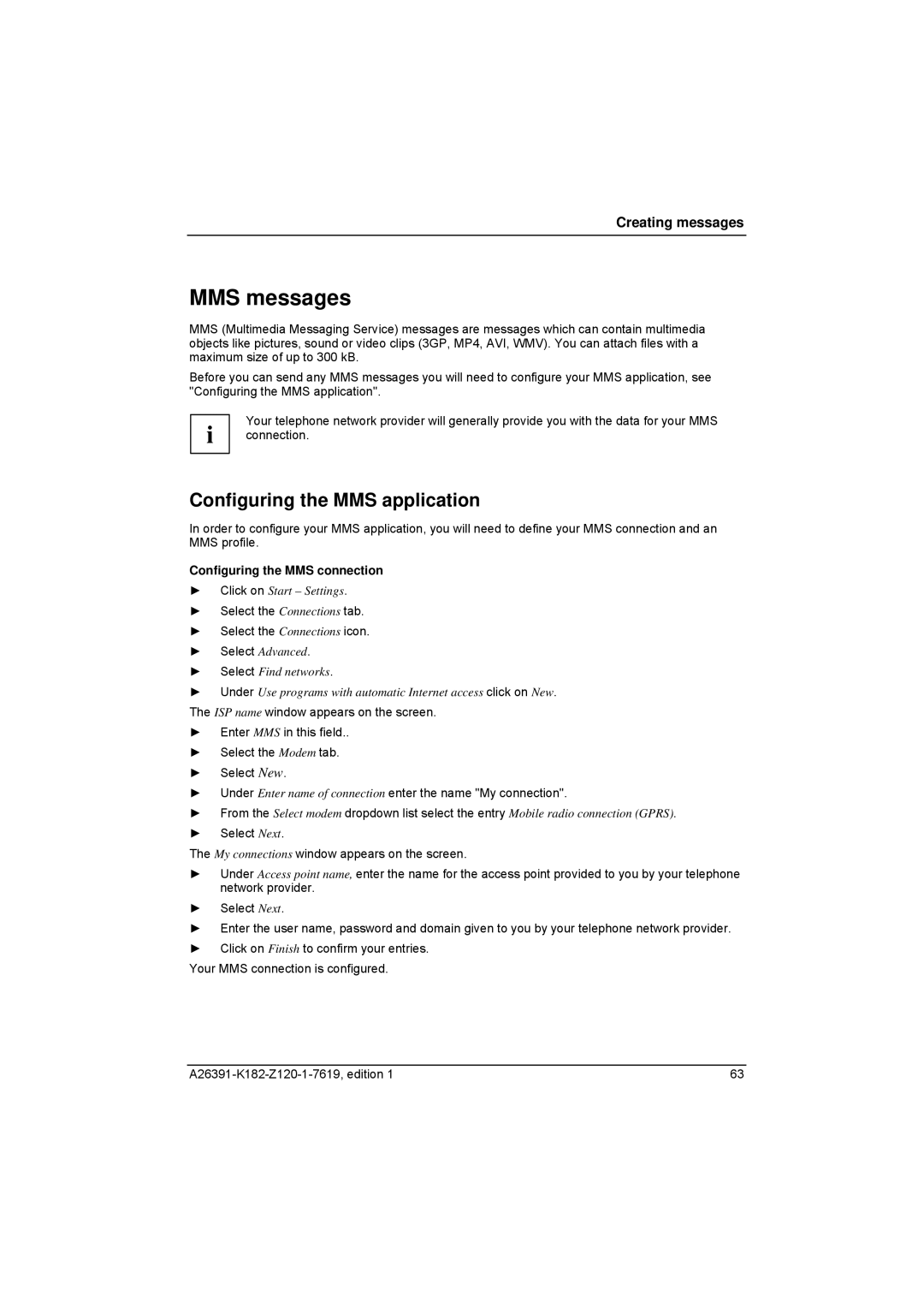 Fujitsu Siemens Computers Loox T manual MMS messages, Configuring the MMS application, Configuring the MMS connection 